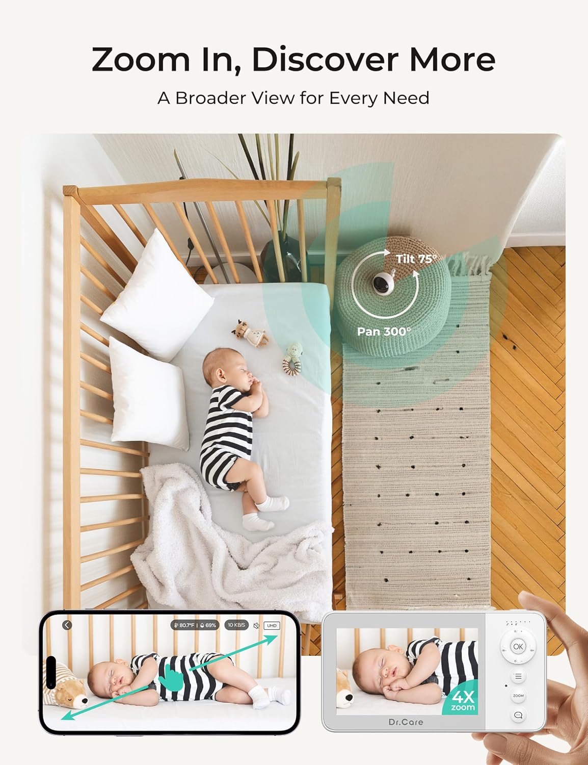 Dr.Care VistaView Lite RB Smart WiFi Baby Monitor with 2 Cameras - 4' 720P Split Screen & 1080P Camera App Control, Motion Alerts, 2500mAh Removable Battery, Night Vision, 2-Way Talk, Multi-User