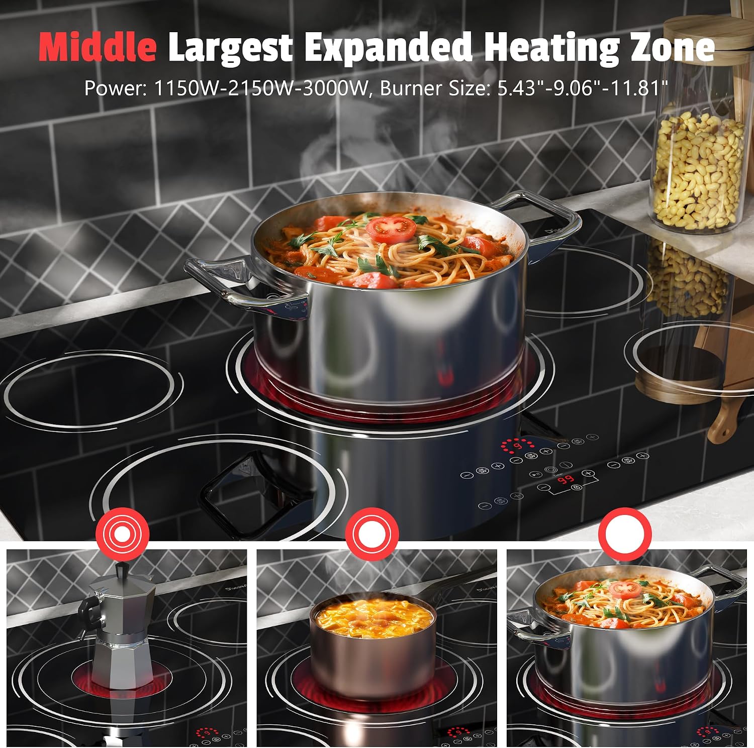 30 Inch Electric Cooktop - 9000W Powerful 5 Burner Electric Stovetop, 220V Built-in Ceramic Stove 30 Inches with Triple Ring, Timer, Safety Lock, Pause, 220V-240V Hard Wired (No Plug)