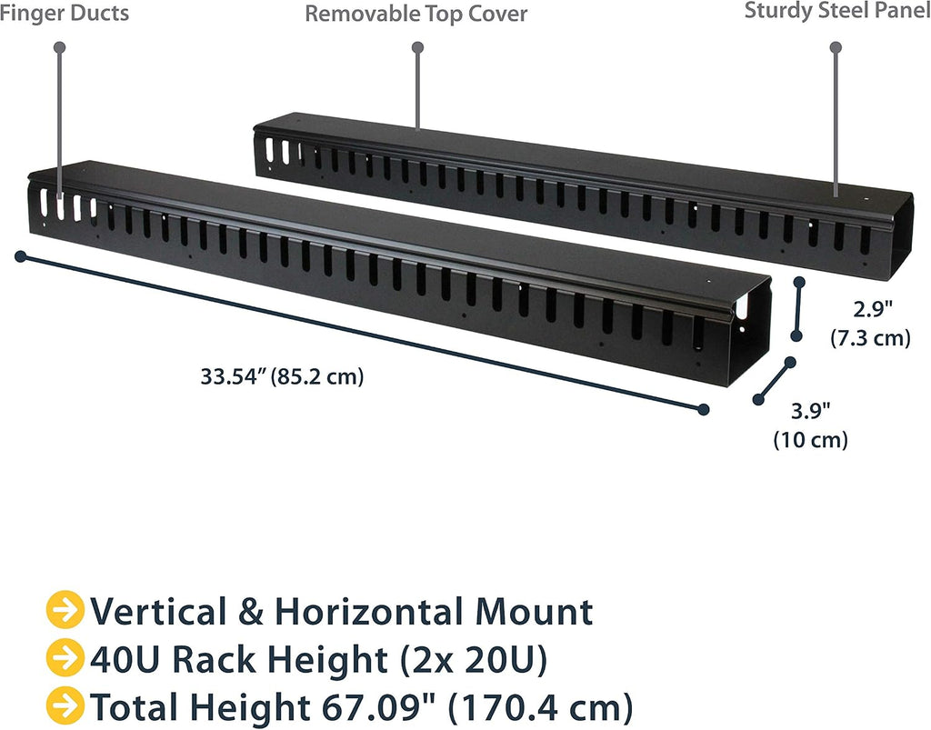 StarTech 2-Pack 20U Vertical Cable Organizer with Finger Ducts, Vertical Cable Management Panel, 40U Rack-Mount Cable Raceway, 2x 3ft (91cm) Wire Organizers
