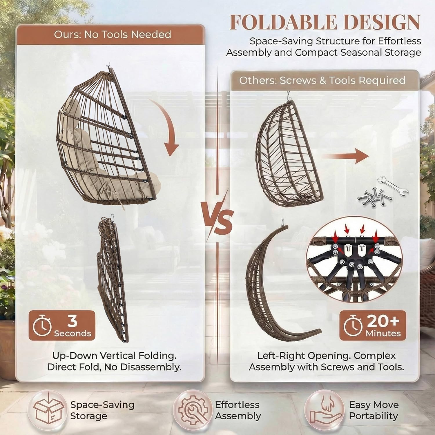 Nicesoul Outdoor Hanging Egg Chair Without Stand, Patio Wicker Swing Egg Basket Chairs with Padded Cushions, 350 Lbs Ceiling Tree Swinging Egg-Shaped Chair No Stand for Indoor Bedroom Porch, Brown