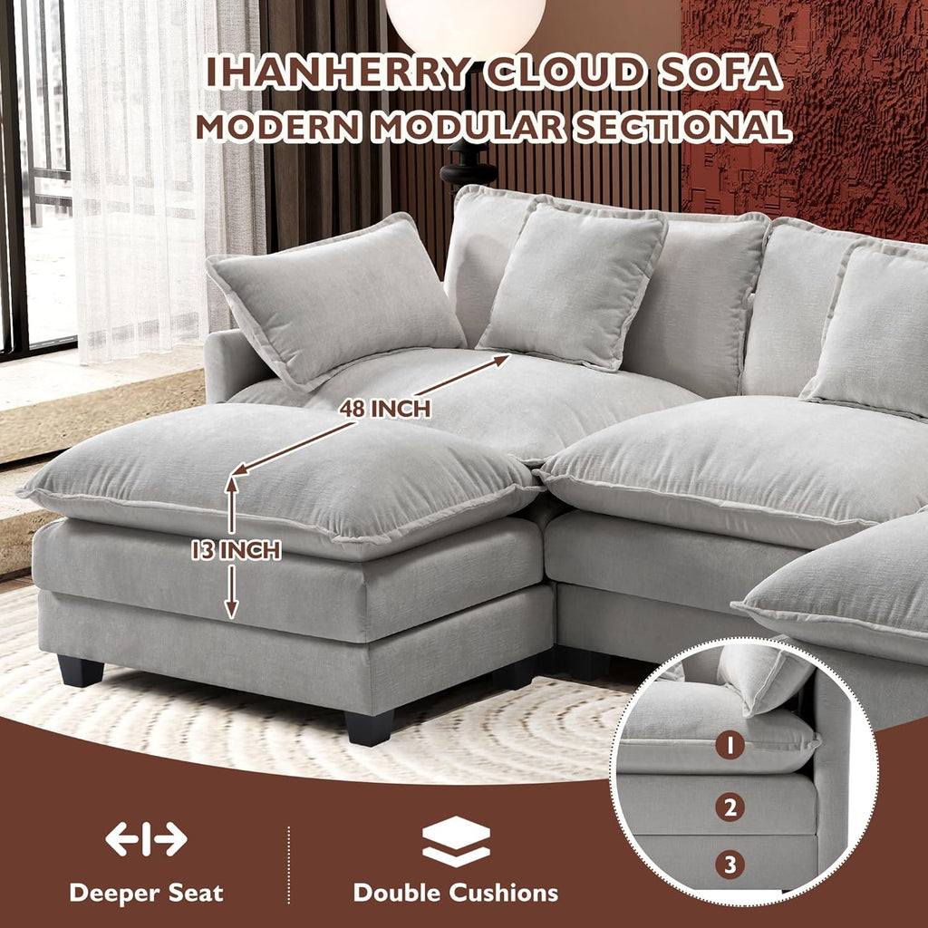 Ihanherry 111.4' U Shaped Modern Cloud Sofa Modular Sectional Couch with 2 Ottoman, 5-Seat Chenille Deep Seat Sofa with Pillow for Living Room, Bedroom and Apartment, Grey