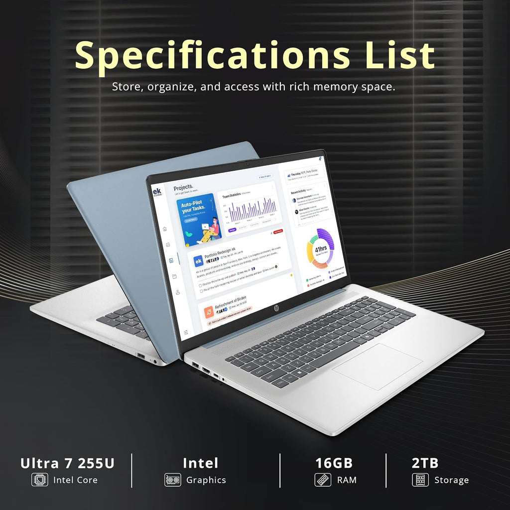 HP 17.3' HD+ Touchscreen Laptop, Intel Ultra 7 255U, 16GB RAM, 2TB Storage (1TB SSD+1TB Docking Station Set), ‎Intel Graphics, Numeric Keypad, 720p HD Camera, Copilot, Wi-Fi 6, Win 11 Home, Blue