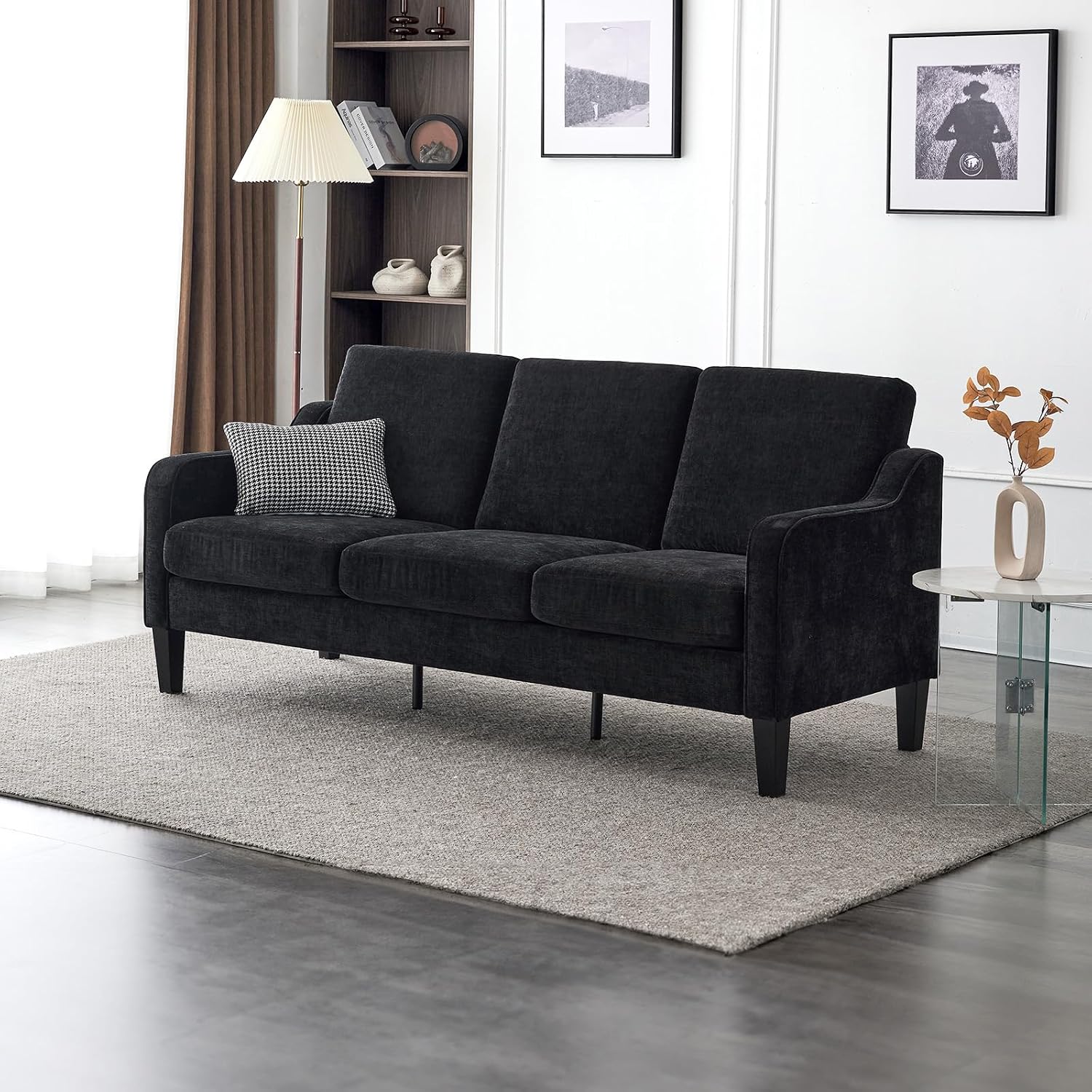 VINGLI Black Couches for Living Room, 71' Small Couch Comfy 3 Seater Upholstered Chenille Sofa Mid-Century Modern Floor Sofas for Small Spaces, Bedroom, Apartment, Lounge, Office
