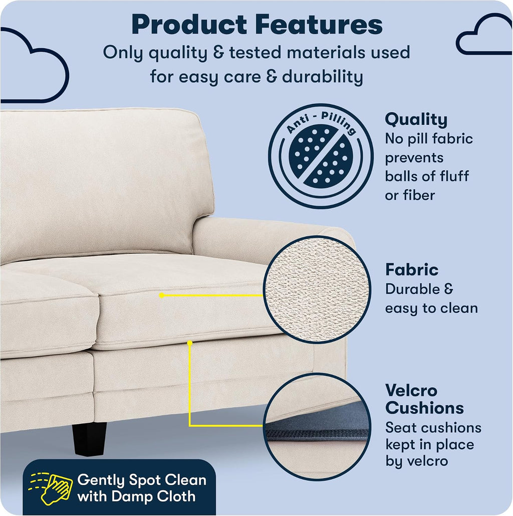 Serta Copenhagen 73' Rolled Arm Sofa, Easy Care Polyester, Soft Pillow Back, Pocket Coil Seat Cushions, Removable Covers, Loveseat or Couch for Small Spaces, Living Rooms or Bedrooms, Cream White