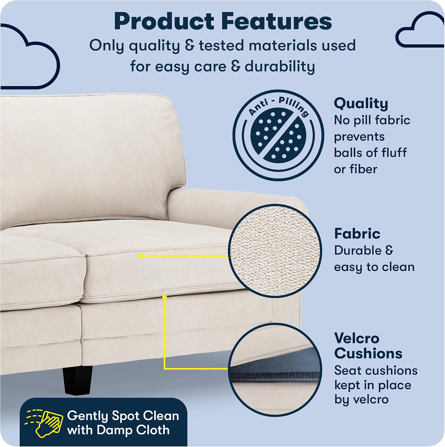 Serta Copenhagen 73' Rolled Arm Sofa, Easy Care Polyester, Soft Pillow Back, Pocket Coil Seat Cushions, Removable Covers, Loveseat or Couch for Small Spaces, Living Rooms or Bedrooms, Cream White