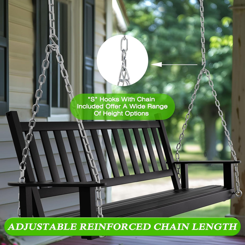 MUPATER Outdoor Patio Hanging Swing, 5FT Wooden Porch Swing with Chains, 3-Person Heavy Duty Swing Bench for Garden and Backyard, Black