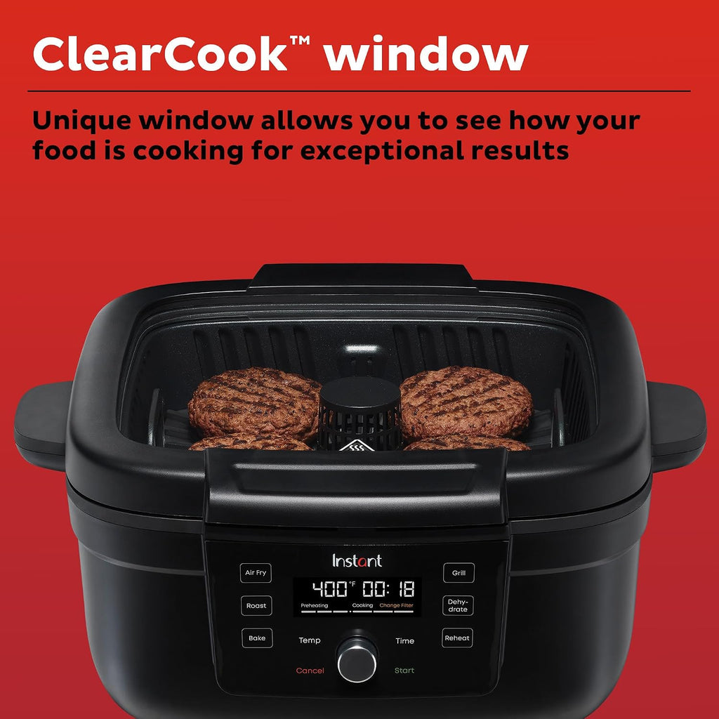 Instant Pot 6-in-1 Air Fryer and Indoor Grill with Bake, Roast Reheat & Dehydrate, From the Makers of Instant Pot, with Odor-Reducing Filter, Clear Cooking Window, and Removable Lid for Easy Cleaning