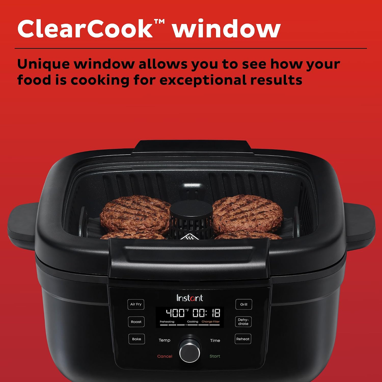 Instant Pot 6-in-1 Air Fryer and Indoor Grill with Bake, Roast Reheat & Dehydrate, From the Makers of Instant Pot, with Odor-Reducing Filter, Clear Cooking Window, and Removable Lid for Easy Cleaning