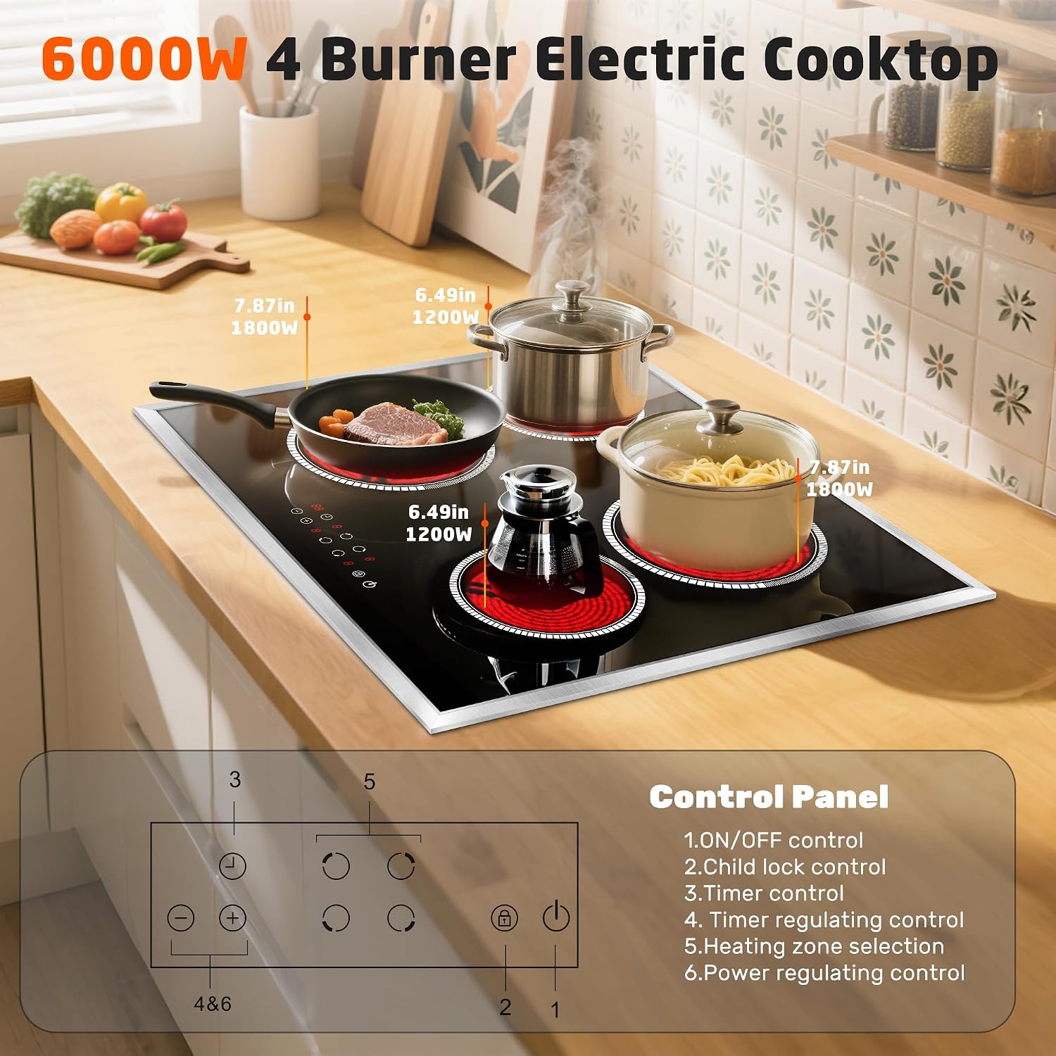 24 Inch Electric Cooktop 4 Burner Electric Stove, 6000W Built in Ceramic Stovetop with Touch Control 24', Timer, Child Lock, 9 Heating Level, 220-240v, Hard Wire(No Plug)