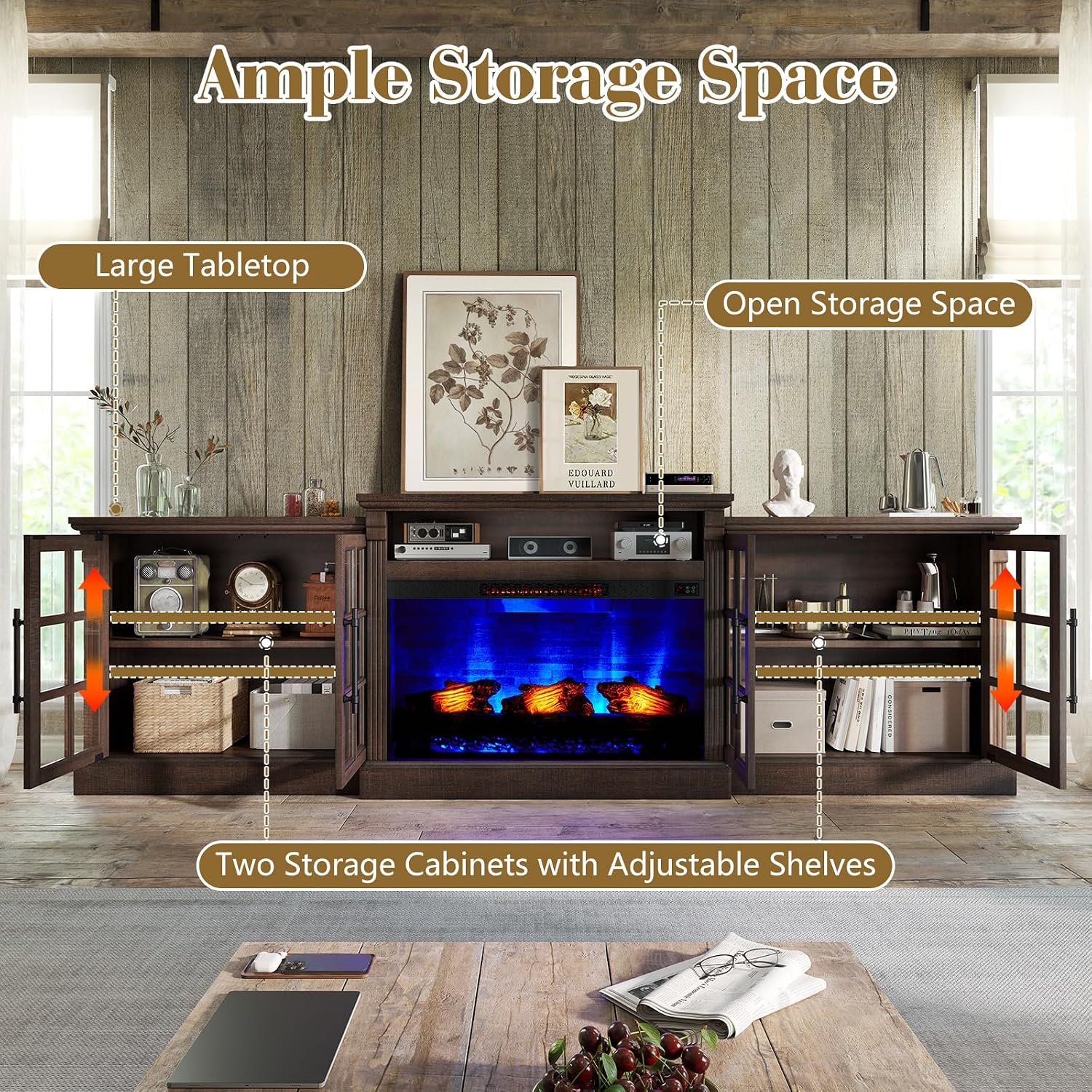 LUXOAK 97' Farmhouse TV Stand with 33' Fireplace for TVs up to 100', Media Entertainment Center with Large Storage Cabinet and Adjustable Shelves for Living Room, Rustic Brown
