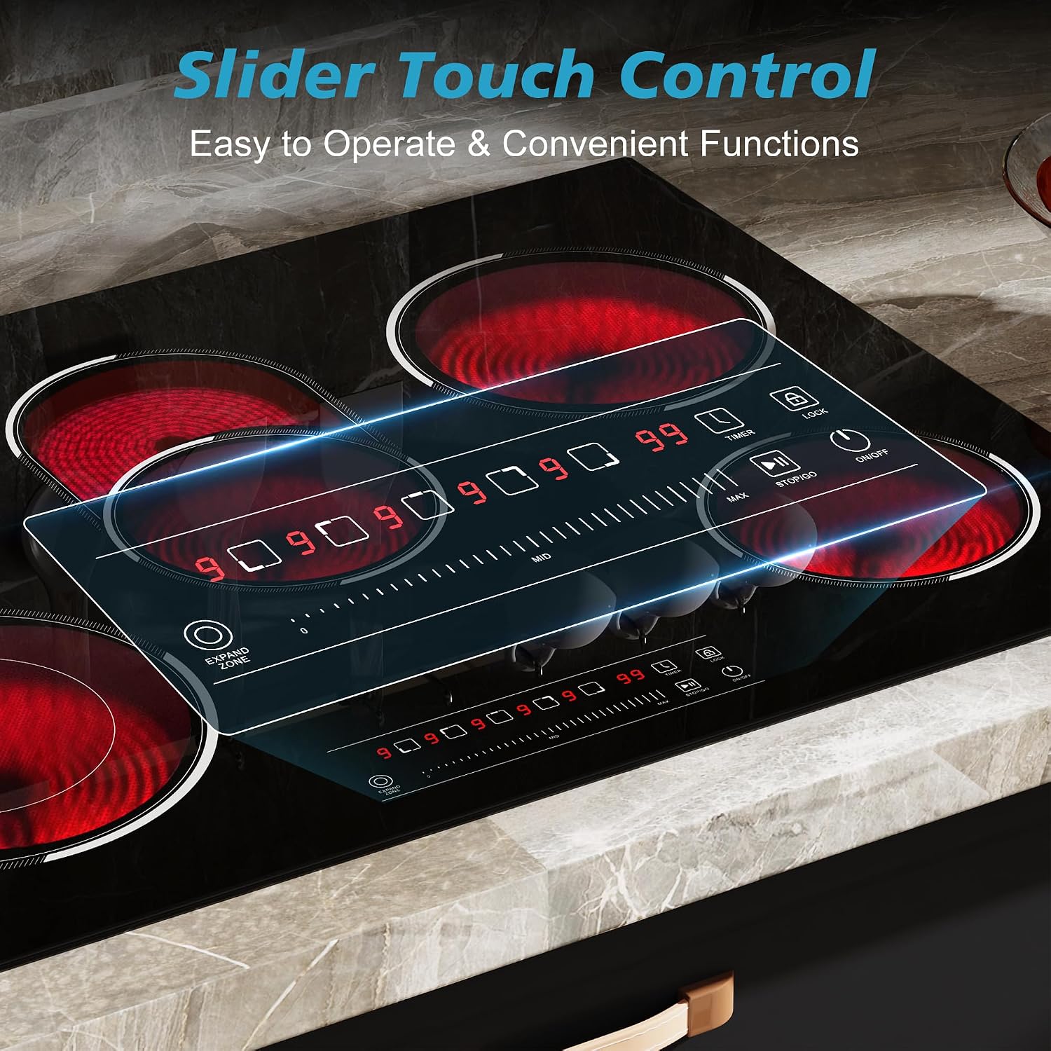 5 Burner Electric Cooktop, 30 Inch 8400W Built-in Electric Stovetop, Glass Ceramic Cooktop with Expanded Zone, Slide Touch Control, Child Lock, Timer, Pause, 220V - 240V Hard Wire, No Plug