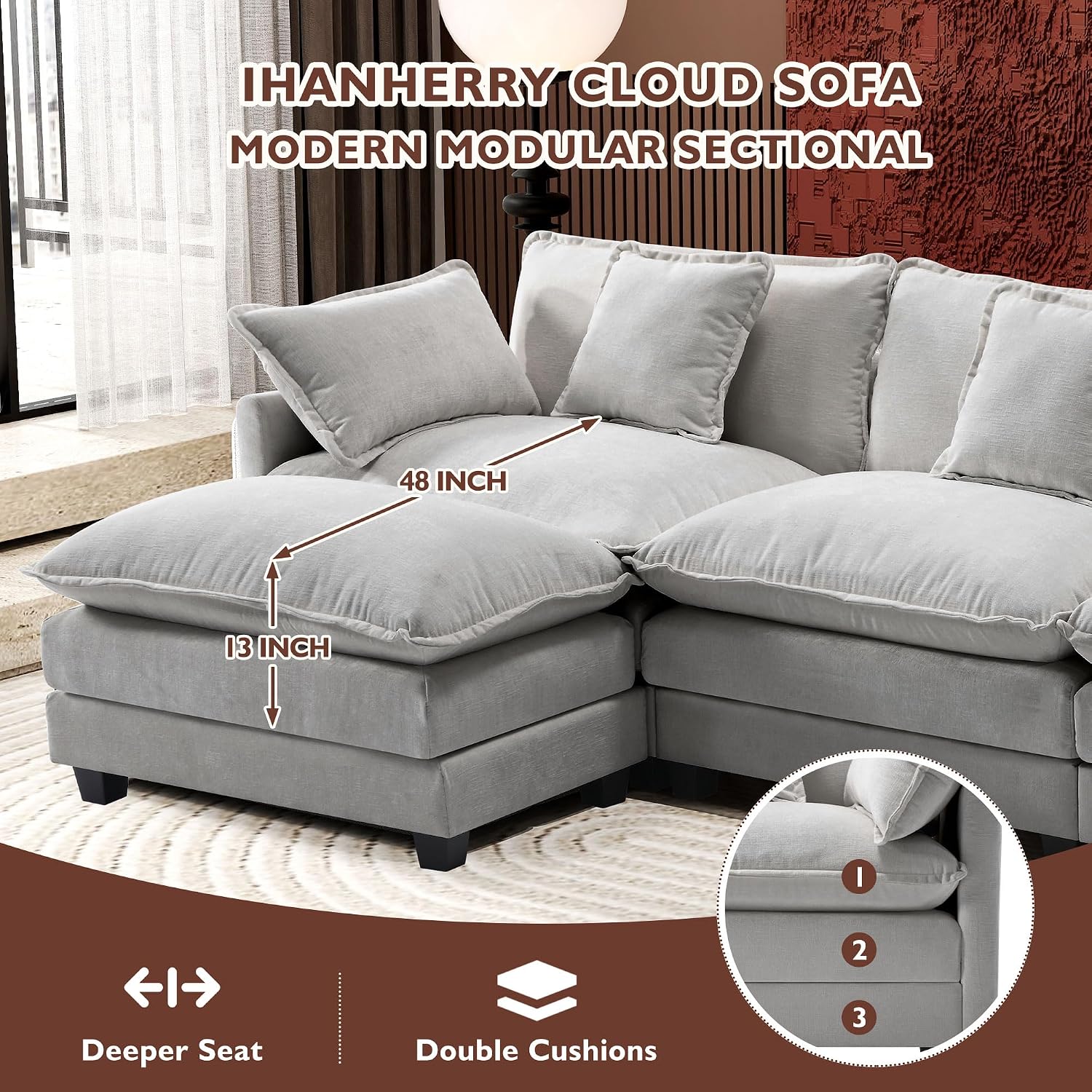 Ihanherry 111.4' L Shaped Modern Sofa Modular Sectional Cloud Couch with Ottoman, 4-Seat Chenille Deep Seat Sofa with Pillow for Living Room, Bedroom and Apartment, Grey