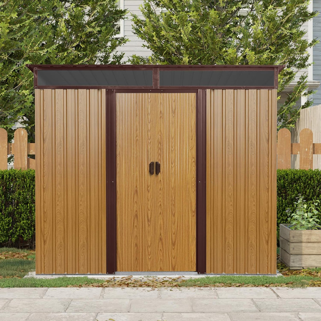 6x8 FT Outdoor Storage Shed, Metal Garden Shed with Frame Floor, Outside Tool Shed with Window, Waterproof Storage Building with Lockable Sliding Doors & Sloped Roof for Backyard, Patio, Lawn, Coffee