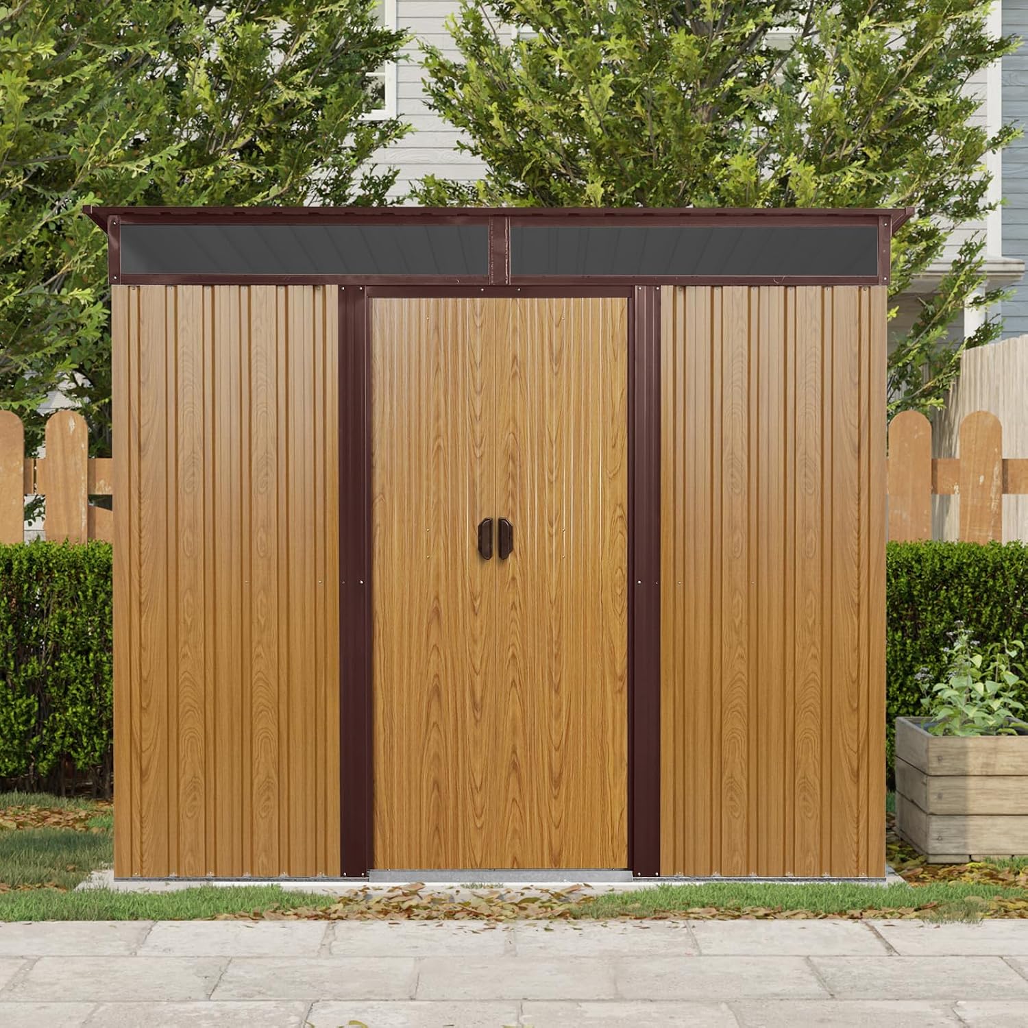 6x8 FT Outdoor Storage Shed, Metal Garden Shed with Frame Floor, Outside Tool Shed with Window, Waterproof Storage Building with Lockable Sliding Doors & Sloped Roof for Backyard, Patio, Lawn, Coffee