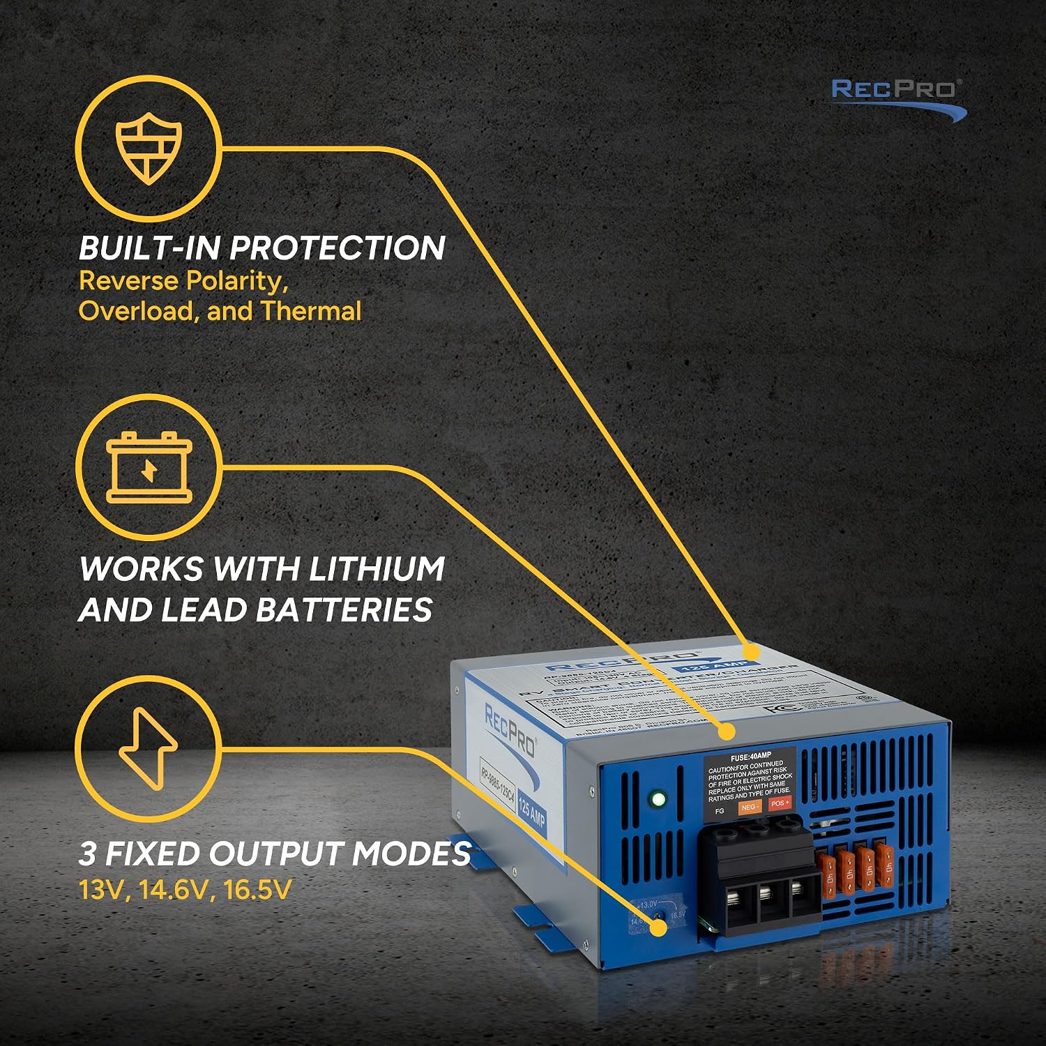 RecPro RV Converter 125 Amp | RV Power Converter & Battery Charger | 4 Stage Smart Charging | 120VAC to 12VDC | 13V to 16.5V Operating Range