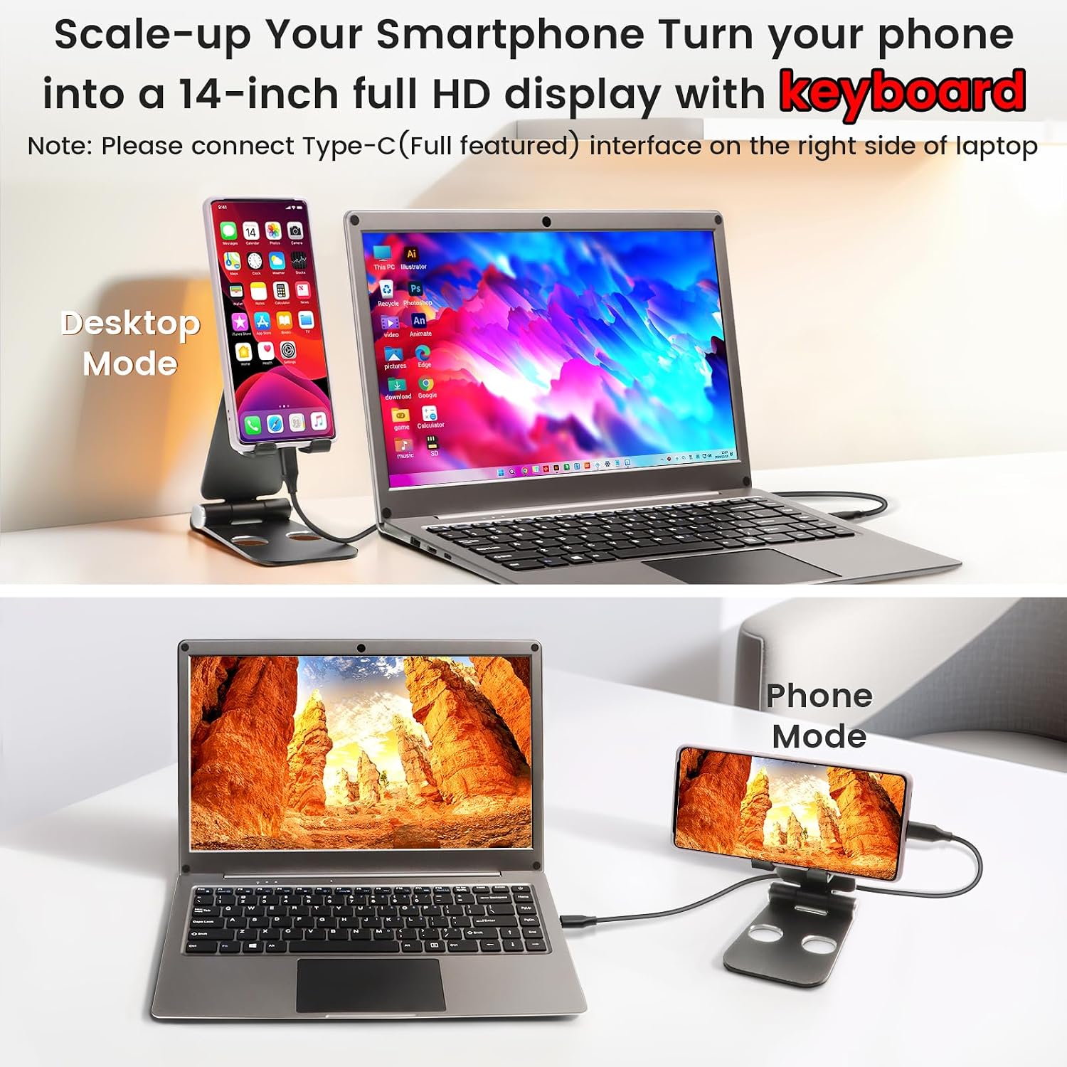 Portable Monitor with Keyboard,14inch 1080P FHD Lapdock Compatible with Raspberry Pi/Mini PC/Phone/PC/Game Console,CrowView Note Built-in Battery(Full Feature TypeC & HDMI Cable Included)