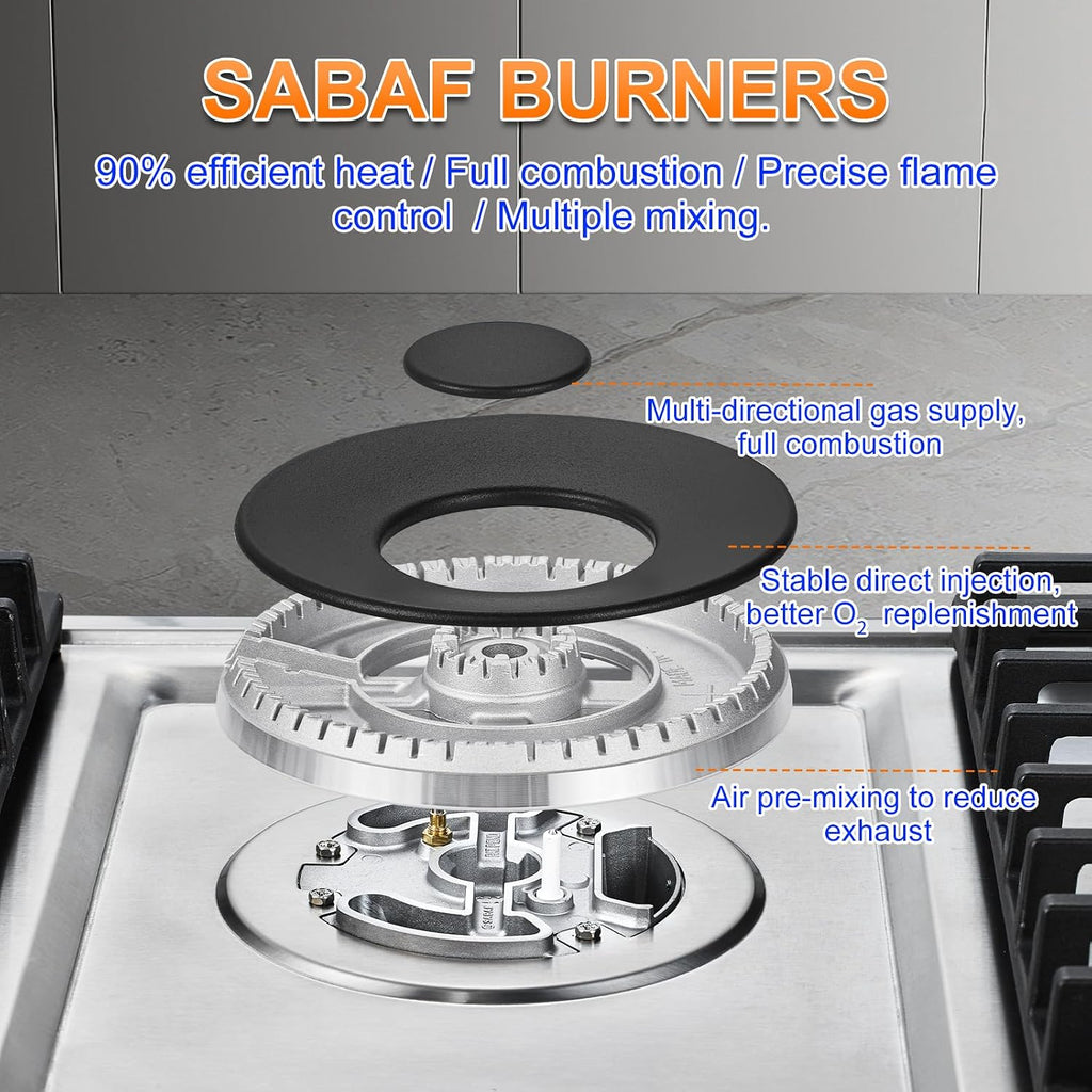 AMZCHEF 36 inch Gas Cooktop with 5 Made in Italy SABAF Power Burners.Max 48300 BTU/hr Built-in Gas Stove top of 304 Stainless steel with Double Sided griddle,NG/LPG Convertible,ETL.