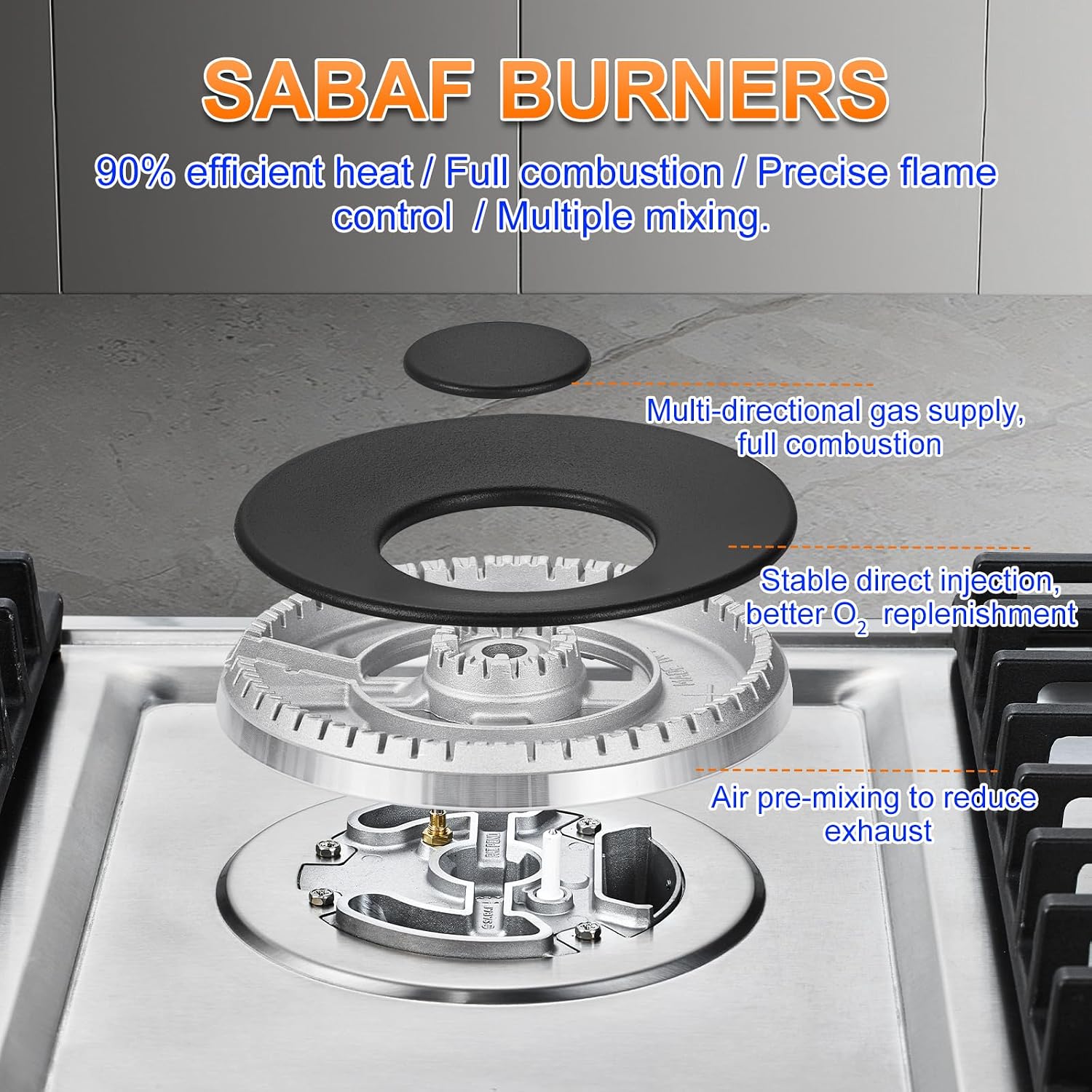 AMZCHEF 36 inch Gas Cooktop with 5 Made in Italy SABAF Power Burners.Max 48300 BTU/hr Built-in Gas Stove top of 304 Stainless steel with Double Sided griddle,NG/LPG Convertible,ETL.