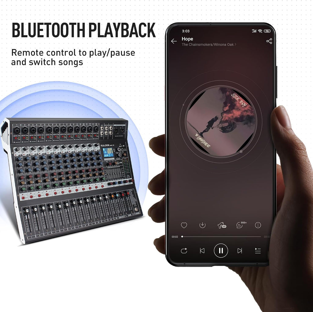 12-Channel Bluetooth Studio Audio Mixer 99 Bit DSP Digital Processor w/USB MP3 for PC Recording Input, XLR Microphone Jack, 48V Power, For Professional and Beginners DJ Mixer
