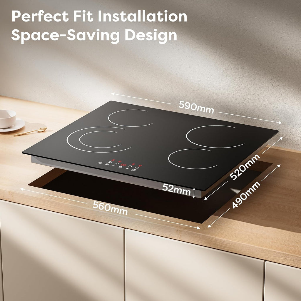 CDV Electric Cooktop 4 Burner 24 Inch, 6400W Built-in Ceramic Electric Stove Top, 220-240v Radiant Cooktop with 9 Heat Levels, 99min Individual Timer, Child Lock & Multiple Safety Protection (No Plug)