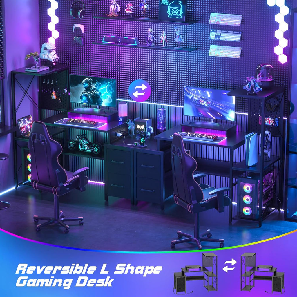 Small Gaming Desk with 2 Fabric Drawers - Reversible Computer Desk with Power Outlet & LED Lights, 49' Office Desk with Monitor Stand & Storage Shelves, Writing Study Table with Pegboard, Black
