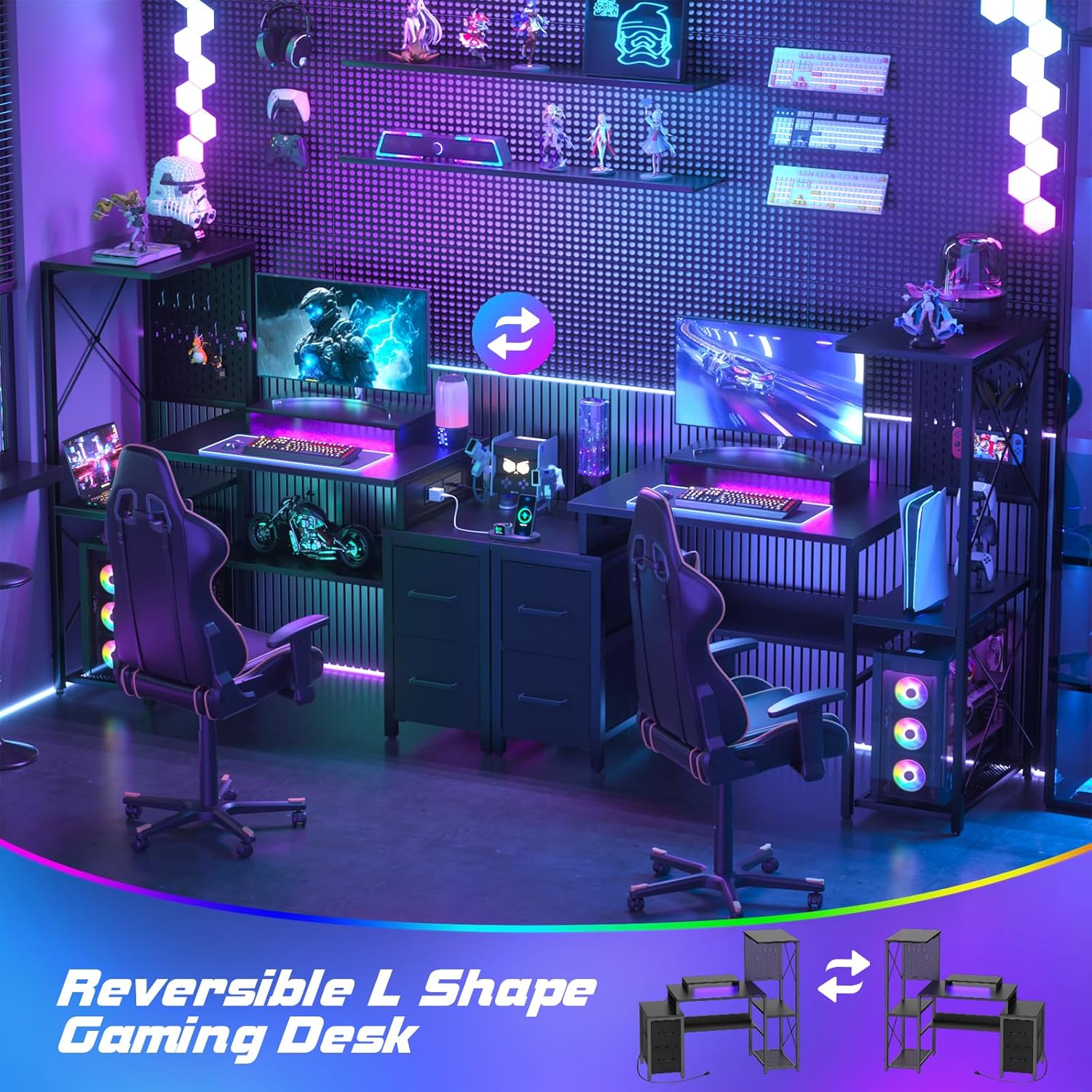 Small Gaming Desk with 2 Fabric Drawers - Reversible Computer Desk with Power Outlet & LED Lights, 49' Office Desk with Monitor Stand & Storage Shelves, Writing Study Table with Pegboard, Black