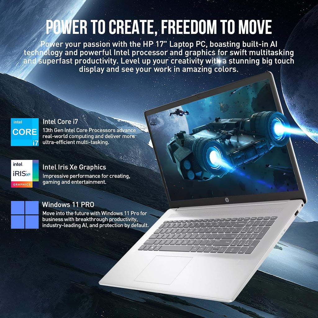 HP 17 Inch Laptop Touchscreen Computer, 17.3' HD+ Touch Screen Business Laptop PC, Intel Core i7, 64GB RAM 2TB SSD, Windows 11 Pro, Backlit 10-Key Fingerprint