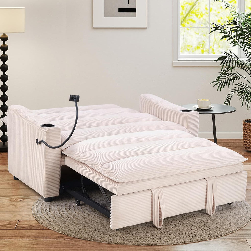 HAOMARKETS 3-in-1 Convertible Loveseat Sleeper Sofa Bed, 2-Seat Pull Out Couch with Cup Holders, Phone Holder and USB Ports, Corduroy 3-Level Adjustable Backrest Couches for Living Room, Beige
