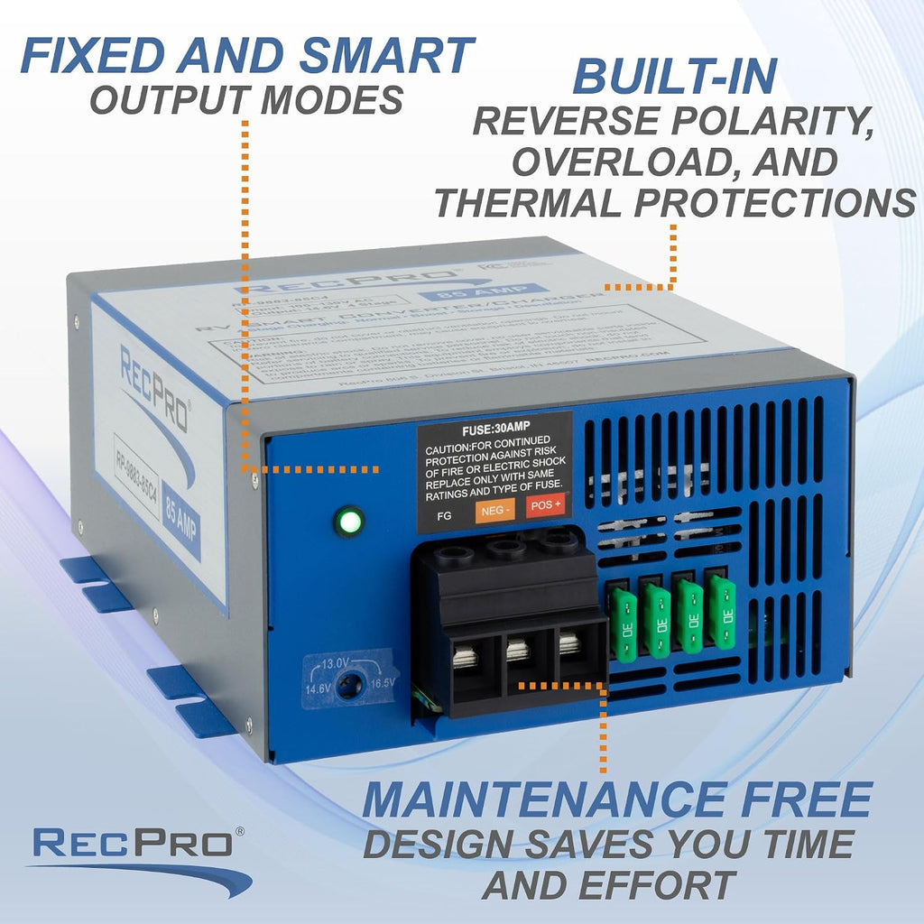 RecPro RV Converter 85 Amp | RV Power Converter & Battery Charger | 4 Stage Smart Charging | 120VAC to 12VDC | 13V to 16.5V Operating Range