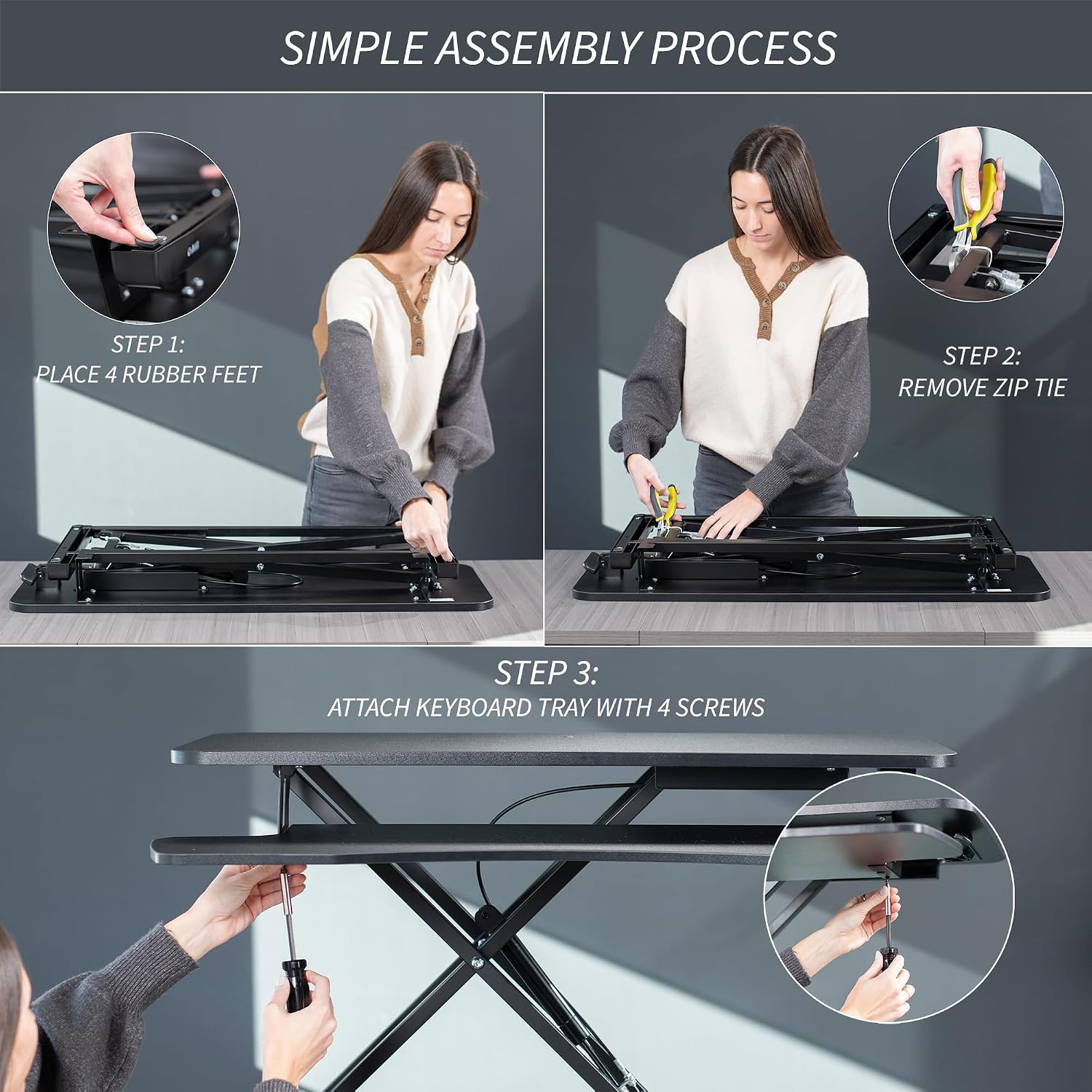 VIVO 32 inch Desk Converter, K Series, Height Adjustable Sit to Stand Riser, Dual Monitor and Laptop Workstation with Wide Keyboard Tray, Dark Walnut Top, Black Frame, DESK-V000KA