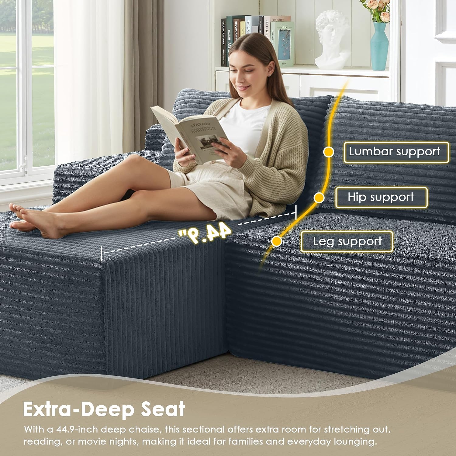 Modular Sectional Sofa Couches, 96' L-Shaped Cloud Boneless Couch with Left Chaise Lounge & Side Pockets for Living Room | No Assembly Required | Corduroy Fabric, Dark Gray