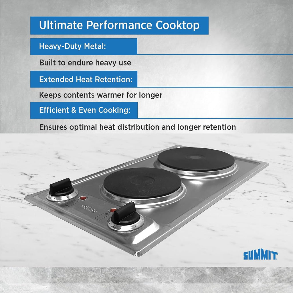 Summit 12' 2 Burner Electric Cooktop. 115 Volt Solid Disk Cooktop, ADA compliant, Stainless Steel, Cast Iron- CSD2B115