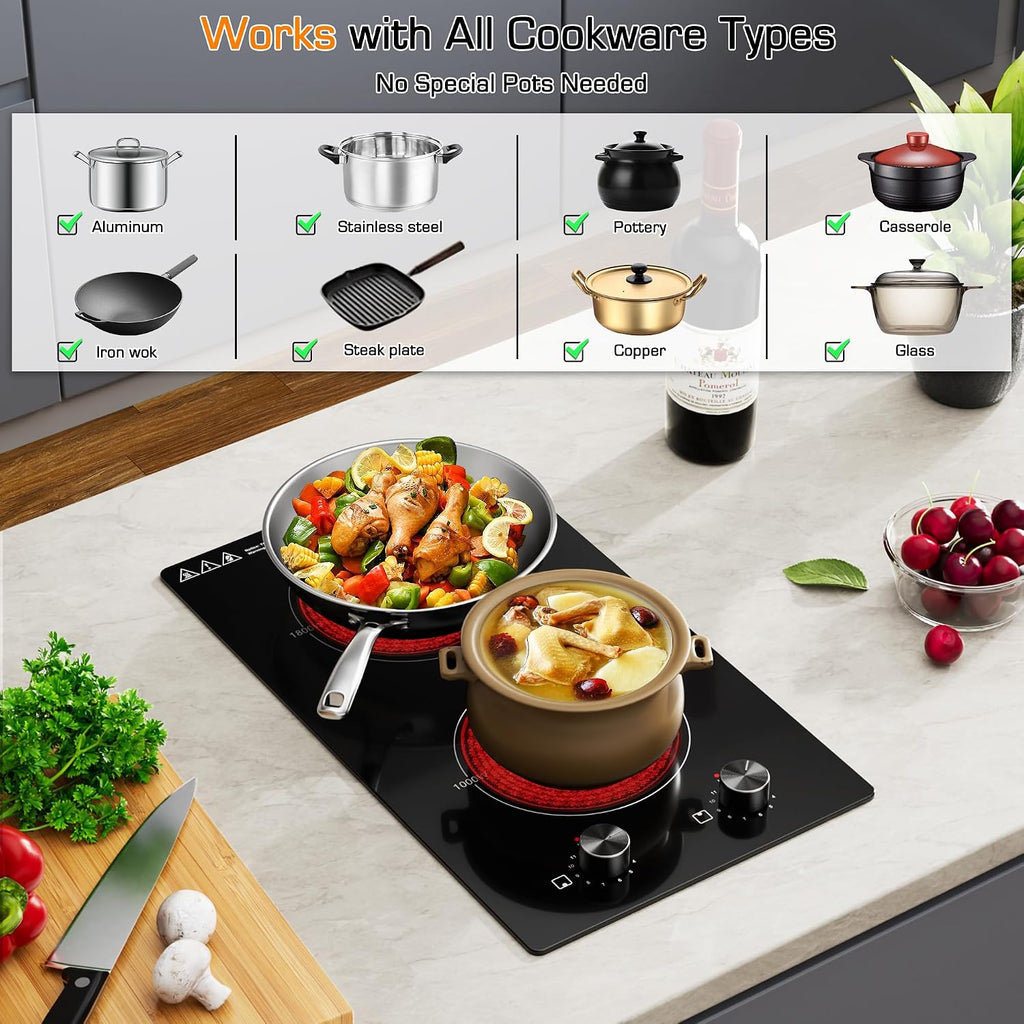 12 Inch 2 Burner Electric Cooktop, 1600W Ceramic Electric Stove Top, 110-120V Plug-in Radiant Countertop & Built-in Cooktop, 11 Heat Levels, Knob Control, Residual Heat Indicator