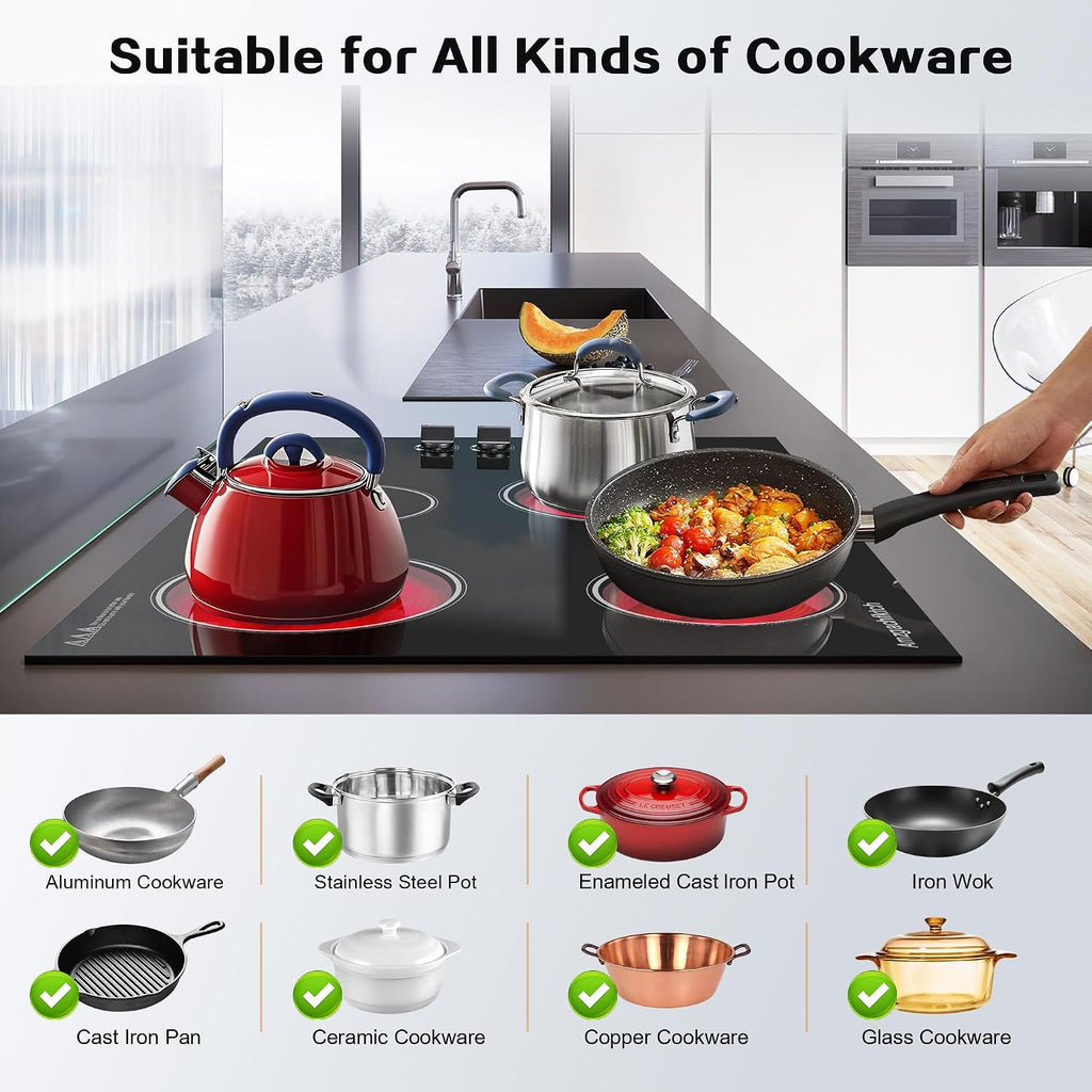Electric Cooktop 30 Inch - 4 Burners Built-in Ceramic Cooktop, 30' Radiant Electric Stove Top with Knob Control, Hot Surface Indicator, 6700W, 220-240V Hard Wire(No Plug)
