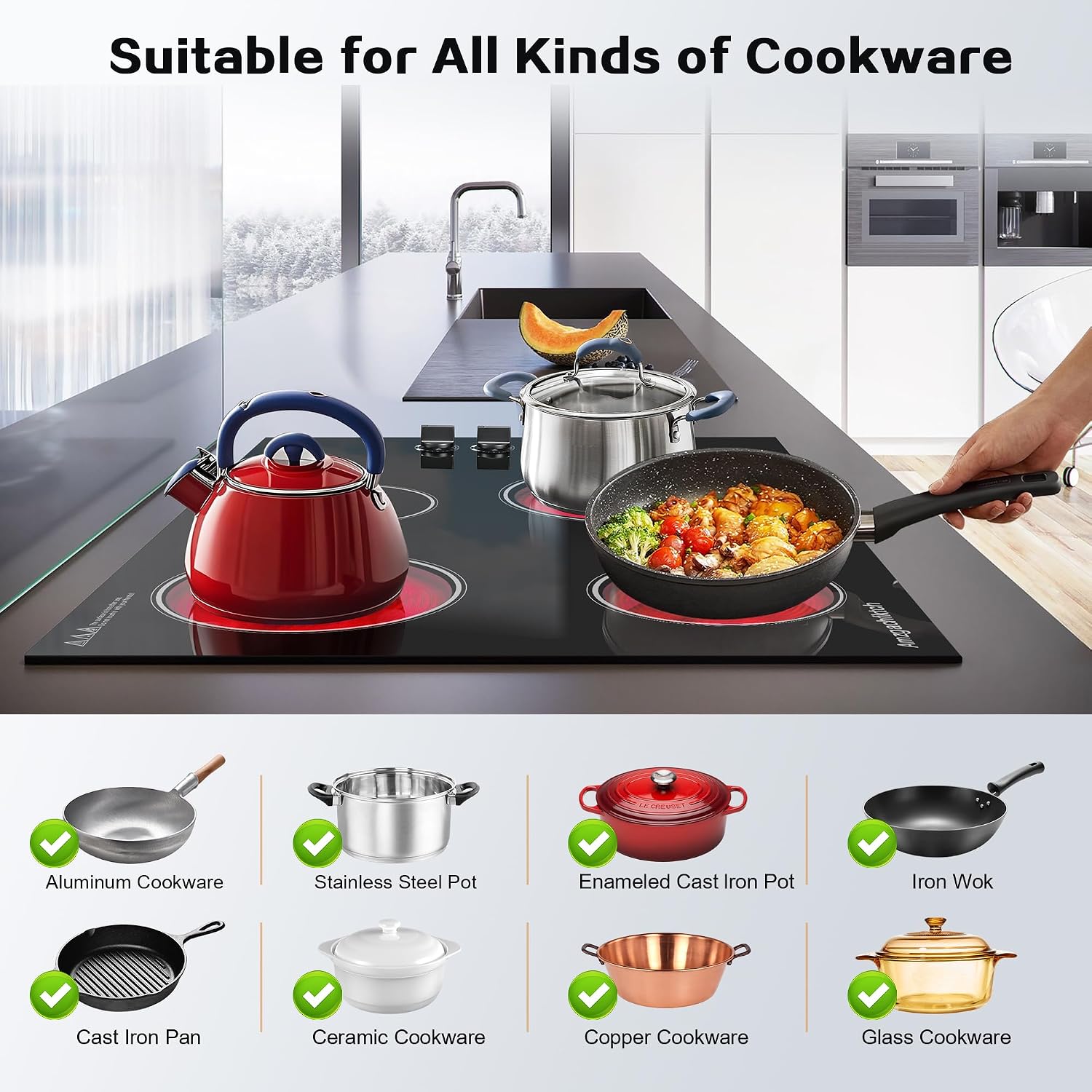 Electric Cooktop 30 Inch - 4 Burners Built-in Ceramic Cooktop, 30' Radiant Electric Stove Top with Knob Control, Hot Surface Indicator, 6700W, 220-240V Hard Wire(No Plug)