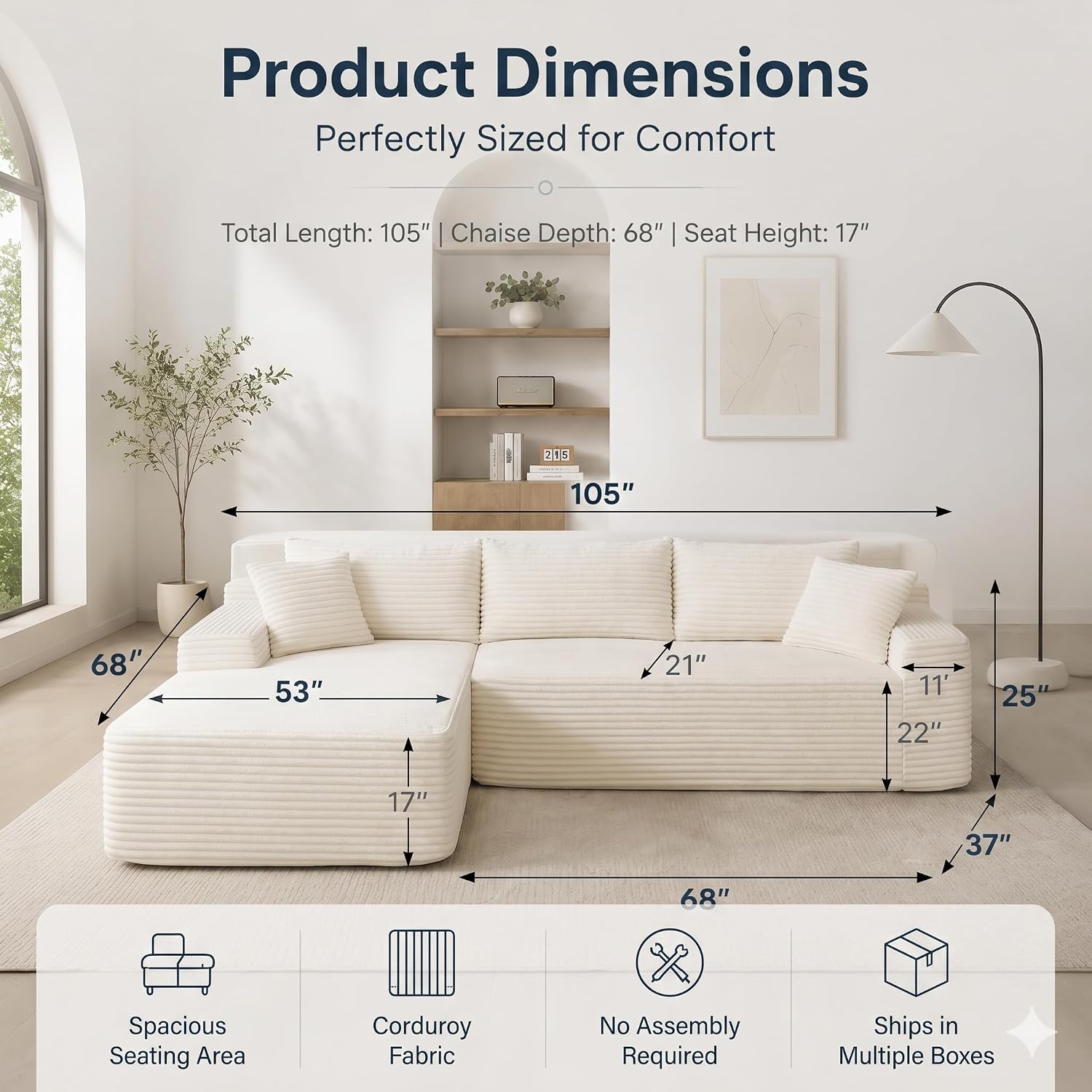 Modular Sectional Sofa Couches, 105' L-Shaped Cloud Boneless Couch with Left Chaise Lounge for Living Room | No Assembly Required | Corduroy Fabric, Beige