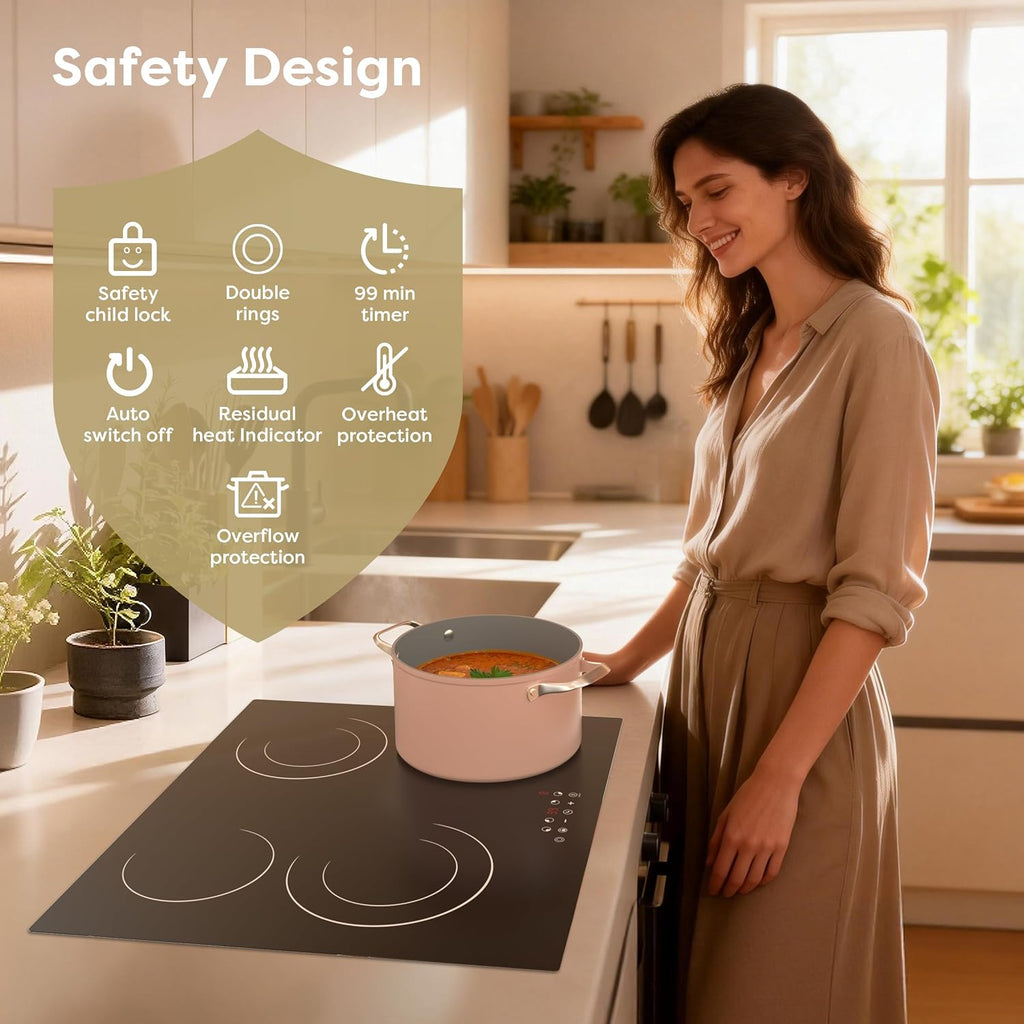 CDV 4 Burner Electric Cooktop 24 Inch, 6600W Built-in Ceramic Electric Stove Top, 220-240v Radiant Cooktop with Child Lock, Touch Control, Multiple Safety Protection, Hard Wire (No Plug)