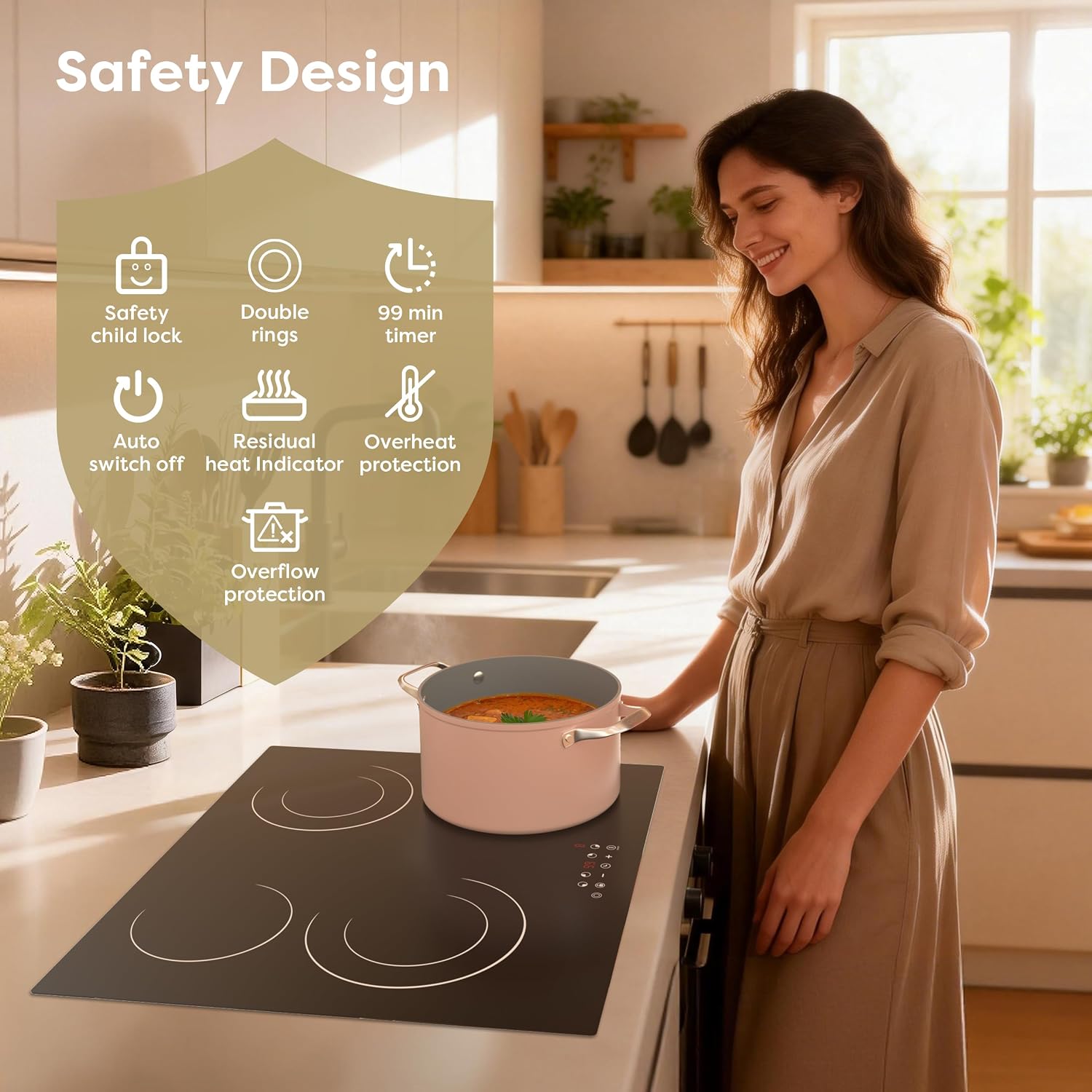 CDV 4 Burner Electric Cooktop 24 Inch, 6600W Built-in Ceramic Electric Stove Top, 220-240v Radiant Cooktop with Child Lock, Touch Control, Multiple Safety Protection, Hard Wire (No Plug)