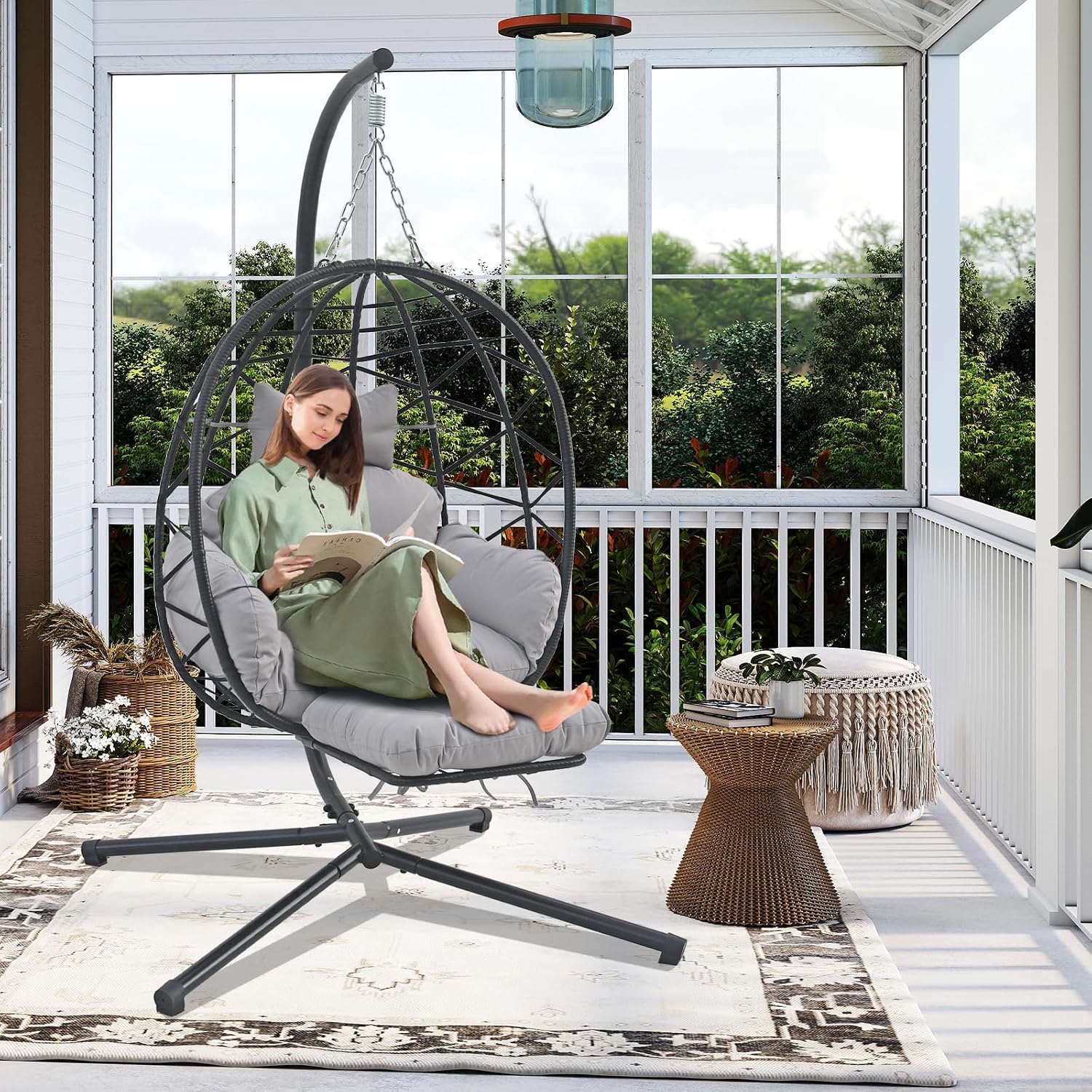 Outdoor Egg Chair with Sturdy Tripod Hammock Leg Rest and Hanging Lounge Chair Swinging Rattan Wicker Swing for Cozy Bedroom Balcony Garden Patio Porch Indoor Use (Black and Grey)