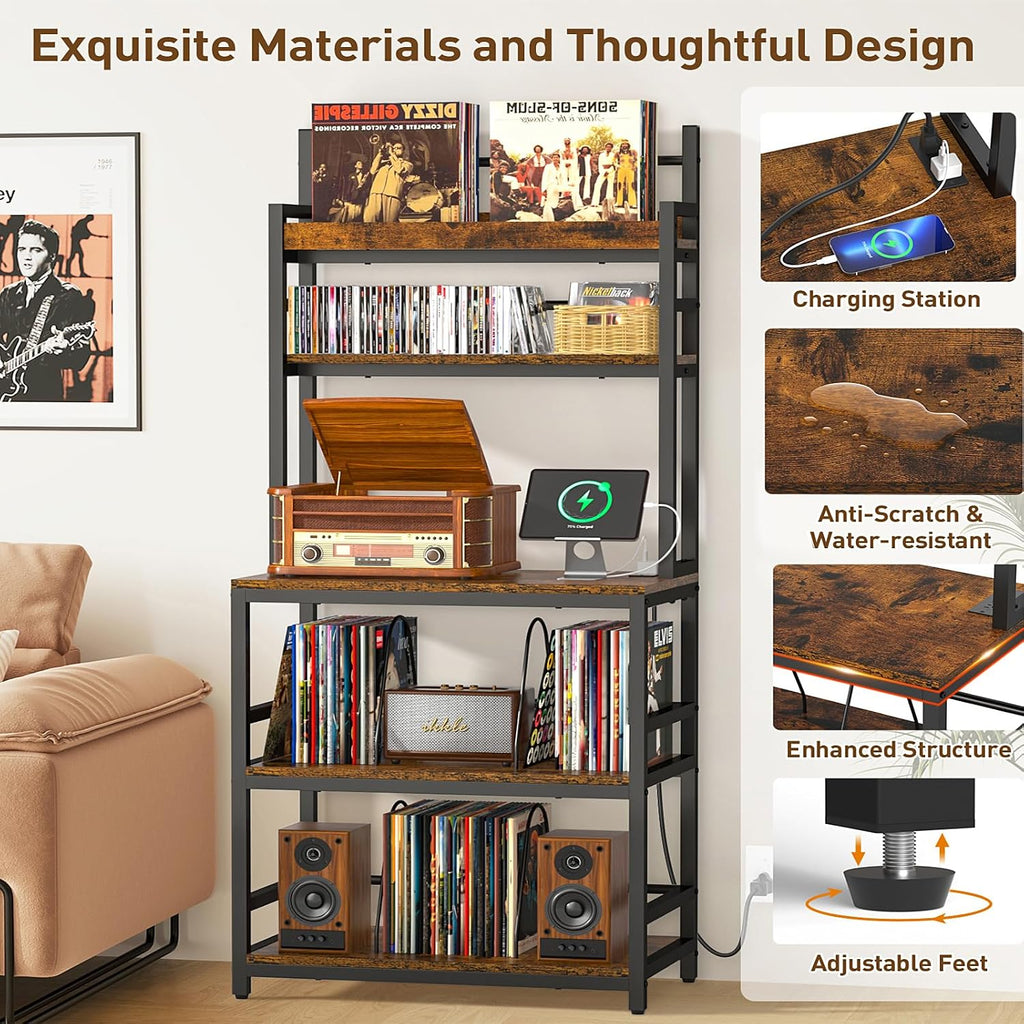 Record Player Stand with Vinyl Storage, 5-Tier Turntable Stand Holds Up 500+ Albums, Large Record Player Table with Charge Station & CD/DVD Storage Rack, Vinyl Record Stand for Living Room, Bedroom