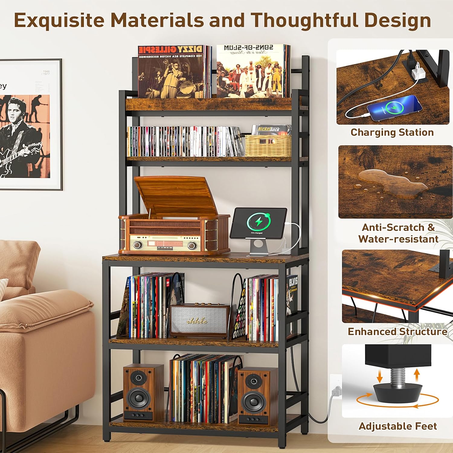 Record Player Stand with Vinyl Storage, 5-Tier Turntable Stand Holds Up 500+ Albums, Large Record Player Table with Charge Station & CD/DVD Storage Rack, Vinyl Record Stand for Living Room, Bedroom
