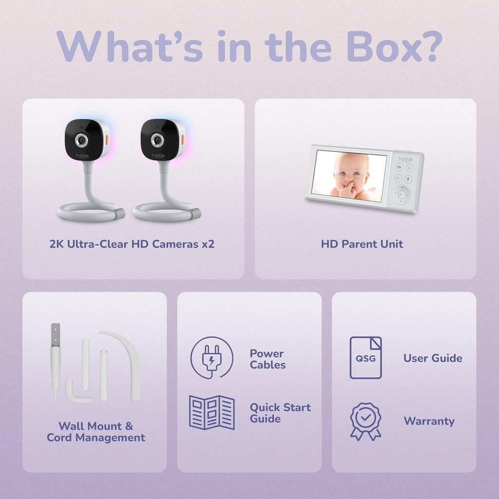 HUBBLE CONNECTED GoBaby AI Pro Twin — Ultra Clear HD Baby Monitor w/ 2 Cameras, 5' HD Home Display — Covered Face, Rollover & True Cry Alerts, Sleep Trainer & Soother — w/Flexible Mount, Power Cables