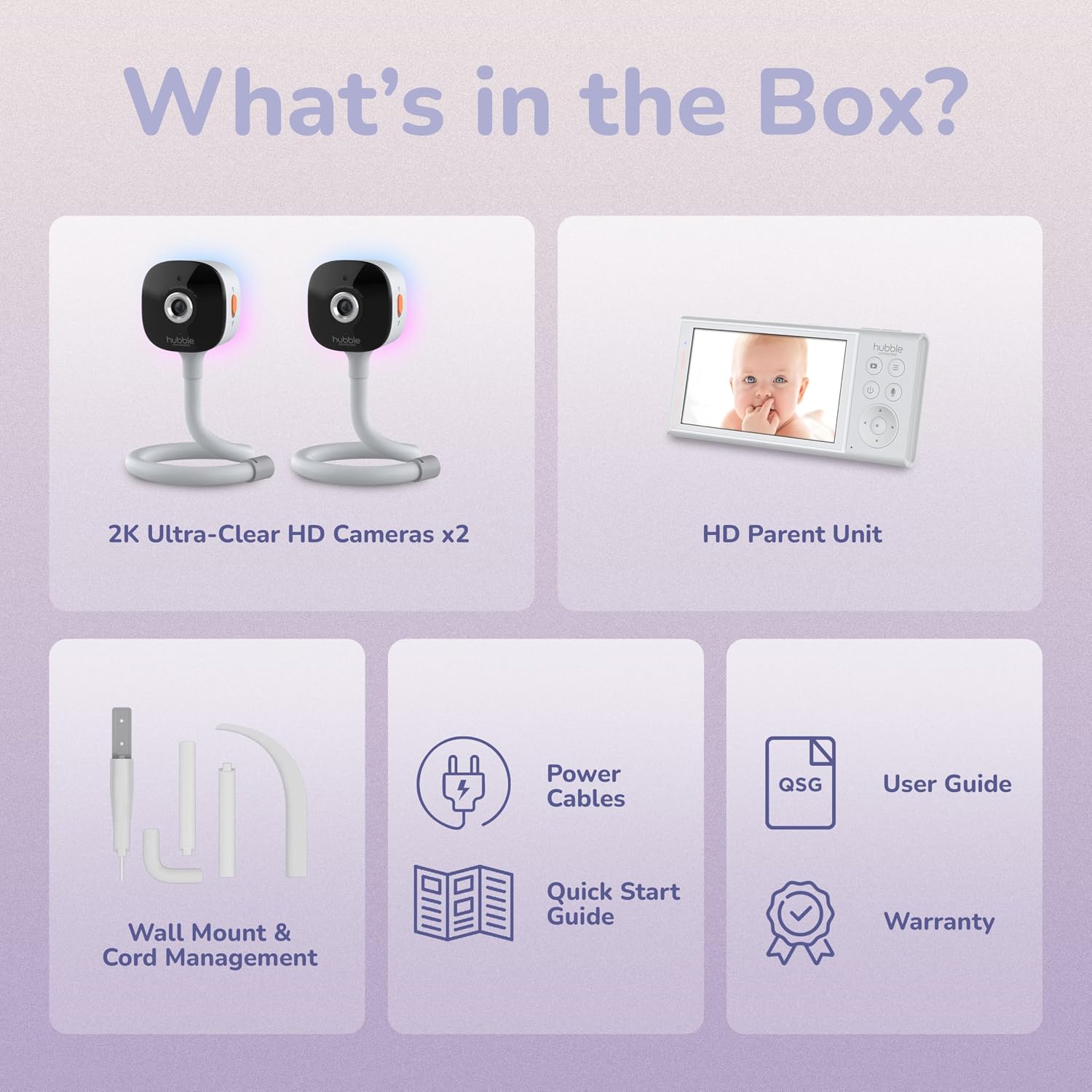 HUBBLE CONNECTED GoBaby AI Pro Twin — Ultra Clear HD Baby Monitor w/ 2 Cameras, 5' HD Home Display — Covered Face, Rollover & True Cry Alerts, Sleep Trainer & Soother — w/Flexible Mount, Power Cables