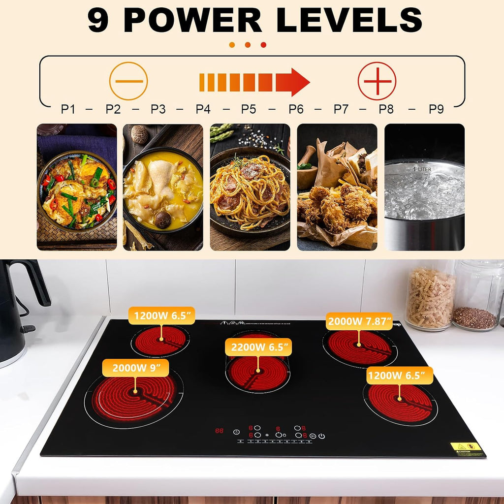 Winado 5 Burners Electric Ceramic Cooktop 35 inch, 220-240V Flat Top Stove, Multi-function Elecric Stovetop w/9 Heating Level, Timer & Kid Safety Lock, Sensor Touch Control, Timer Setting, 8600W
