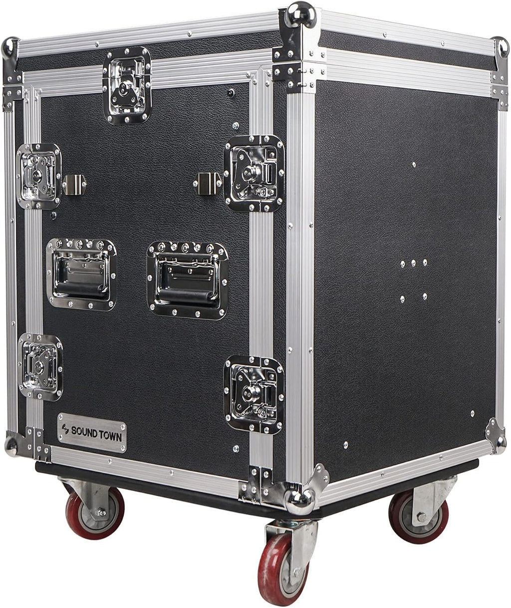 Sound Town High-Quality 1/2' (12mm) 12U PA DJ Pro Audio Rack/Road ATA Case with 11U Slant Mixer Top, Locking Drawer, Side Table, 20.2'' Rackable Depth and Casters (STMR-12TD2)