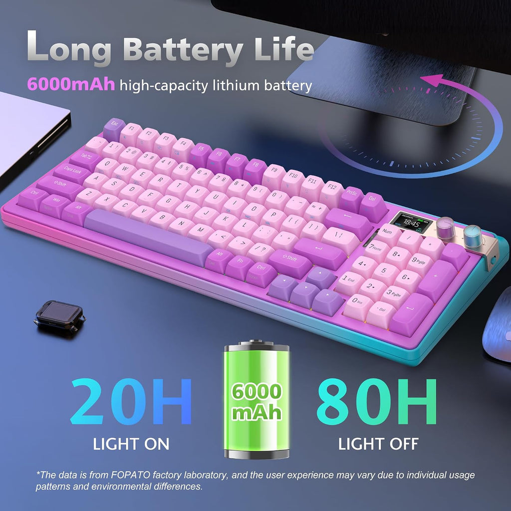H98 Wireless Mechanical Keyboard,96-Key Hot-Swappable Wired Gaming Keyboard,Tri-Mode Bluetooth 5.0 2.4G USB-C,1.14' Color Screen,Double Knob,6000mAh,RGB,PBT Keycaps for PC Mac iPad-Purple