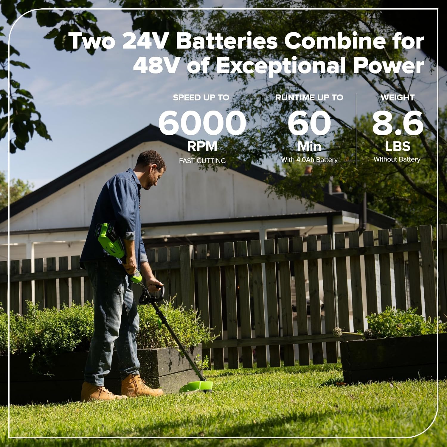 Greenworks 48V (24V x 2) 16' Brushless String Trimmer, 0.095' Dual Line, Quick Load, Bump Feed, (2) 4.0Ah Batteries, 100W Type-C Charger, Attachment Capable, 3-Year Warranty
