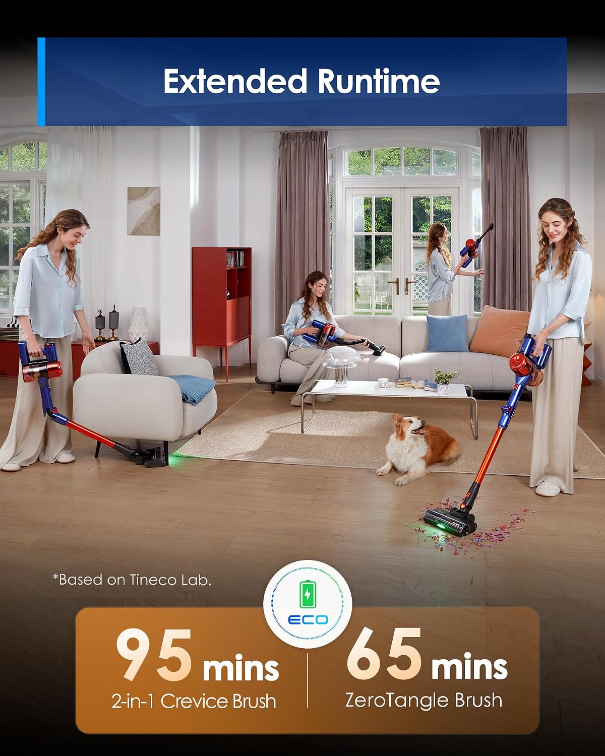 Tineco Pure ONE S70 Cordless Vacuum Cleaner, 200AW Powerful Suction, 3D Sense Pro Cleaning System, 6-Stage Filtration with 95min Runtime, Zero Tangle Brush with 180° Foldable Tube (Blue&Orange)
