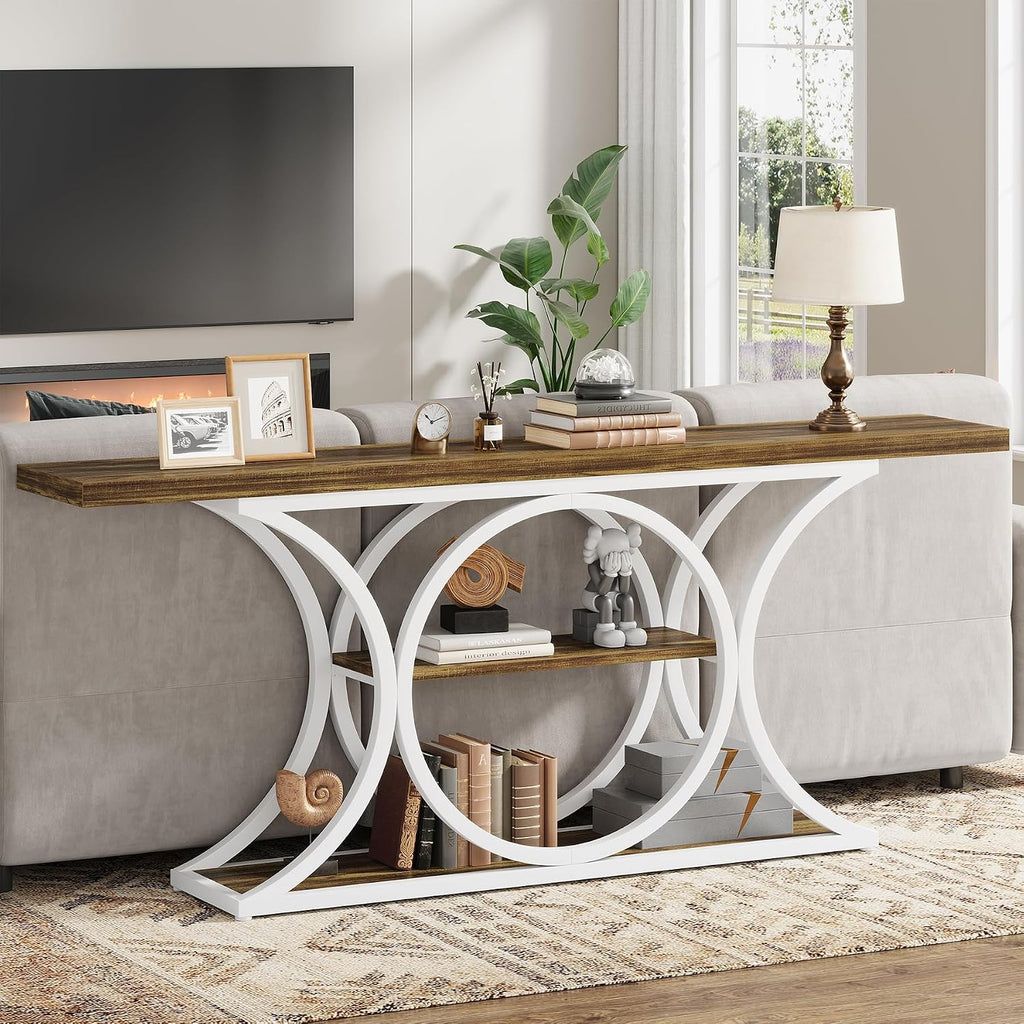 63 inch Extra Long Sofa Table, Rustic Industrial Entry Console Table, Behind Couch Table with Black Metal Frame, 3 Tier Storage Shelves for Hallway, Entryway & Living Room, Light Brown & White