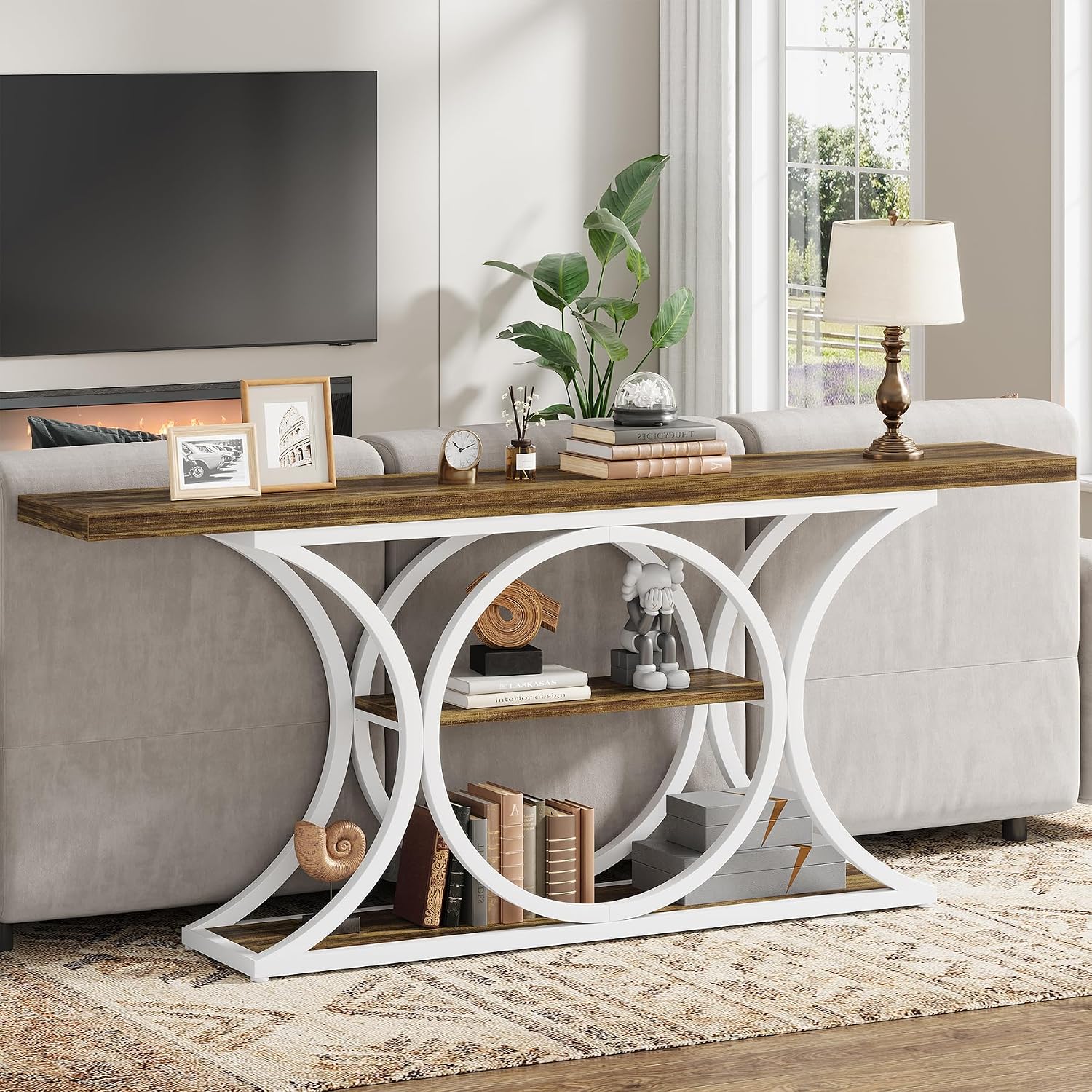 63 inch Extra Long Sofa Table, Rustic Industrial Entry Console Table, Behind Couch Table with Black Metal Frame, 3 Tier Storage Shelves for Hallway, Entryway & Living Room, Light Brown & White